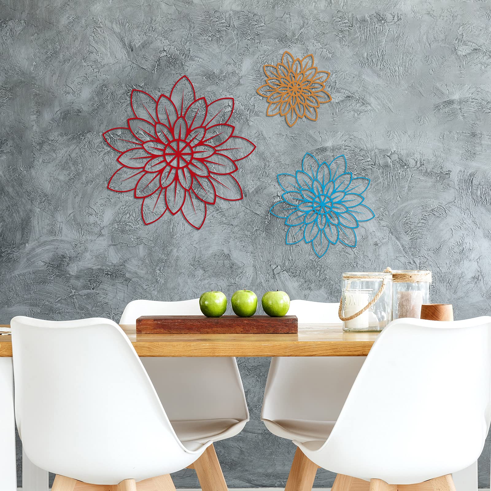 3-teilige Metall-Wandkunst Blumen – Bunte Drahtskulptur Für Wohnzimmer, Schlafzimmer & Küche