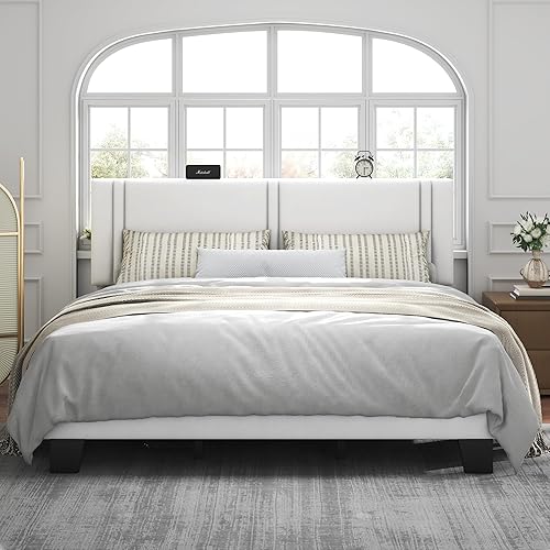 Miniatura 9 de Feonase Marco de Cama de Plataforma de Tamaño Completo, Marco de Cama Tapizado en Tela con Respaldo Alado, Listones de Madera Maciza y Soporte de