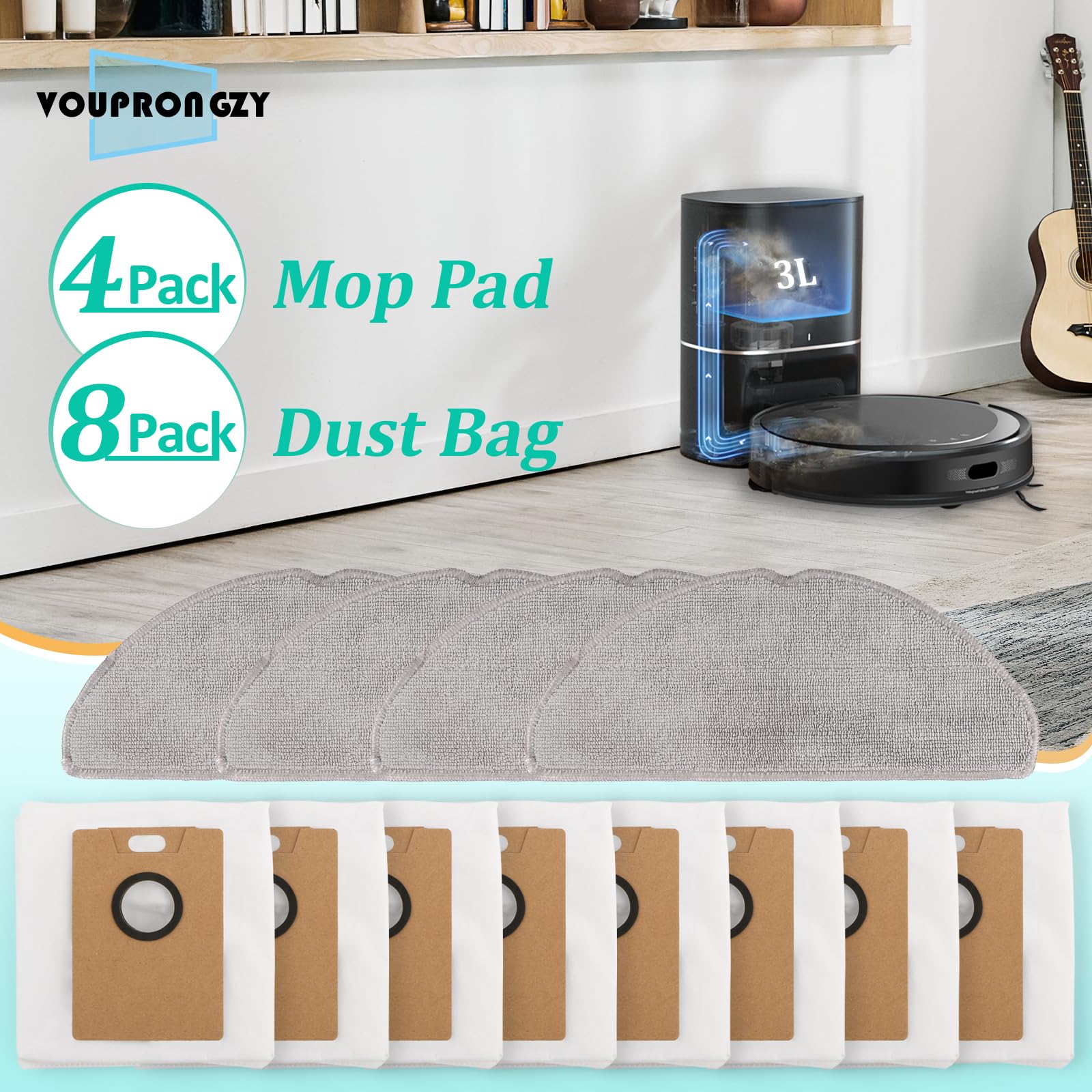 VOUPRONGZY12 Pièces Kit D'accessoires pour Tapo RV30 Max Plus/Tapo RV20 Max Plus Aspirateur Robot avec 8 RVA202 Sacs à Poussière, 4 RVA301 Chiffon de Nettoyage Bag xx