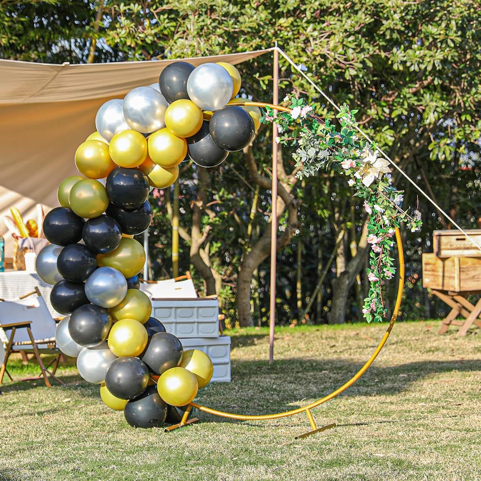 HJXGQJM Kit De Arco De Globo Redondo, Soporte De Arco De Globo, Marco De Arco De Globo Metálico Dorado, Soporte De Telón De Fondo De Boda, Decoración De Fiesta De Graduación, Oro/Blanco(White,240cm)