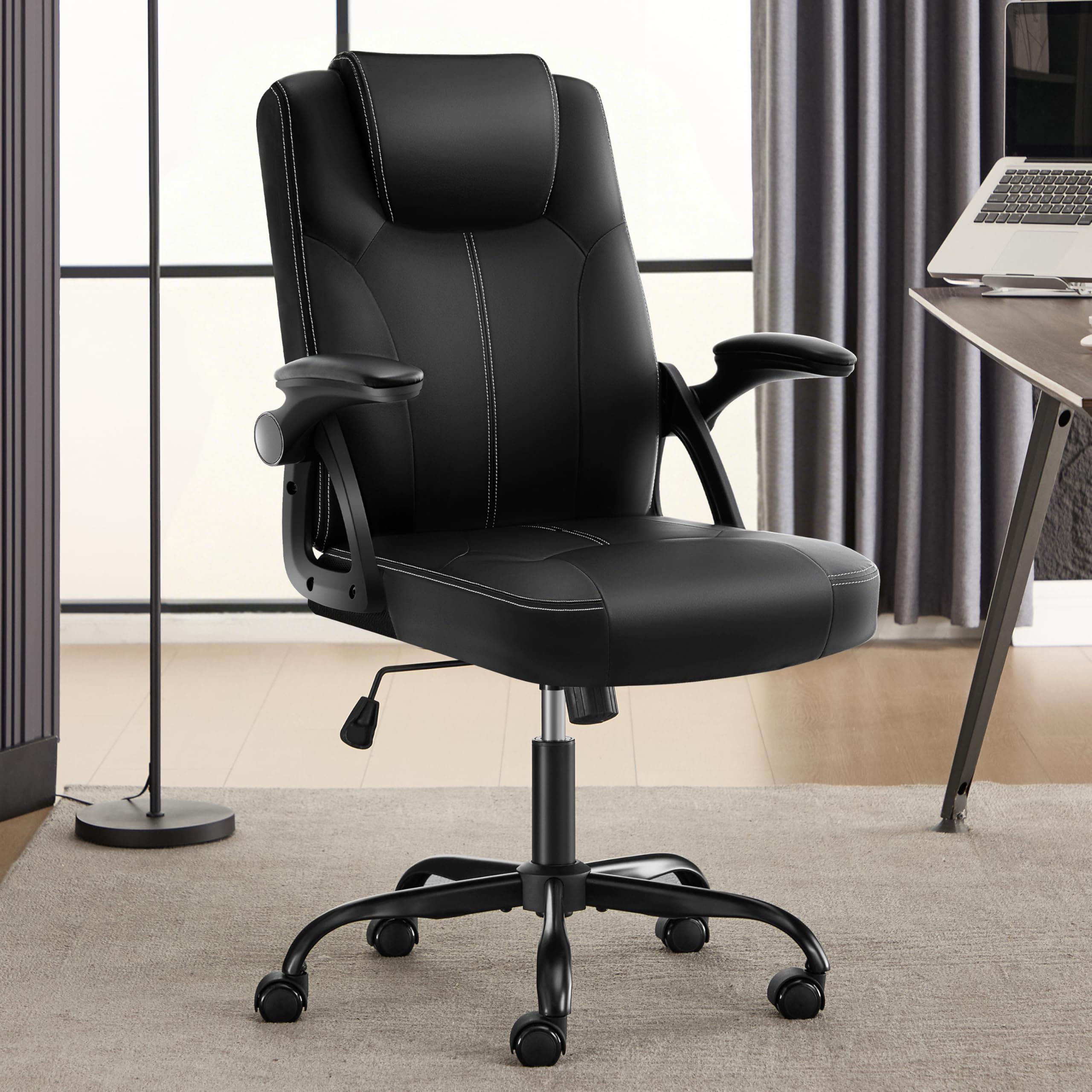 Executive Office Chair, Ergonomic PU Leather Computer Chairs, Executive Breathable Desk Chair with Padded Flip-Up Arms, 360° Swivel Rolling Chair Comfy Padded for Working Studying Gaming (Black)