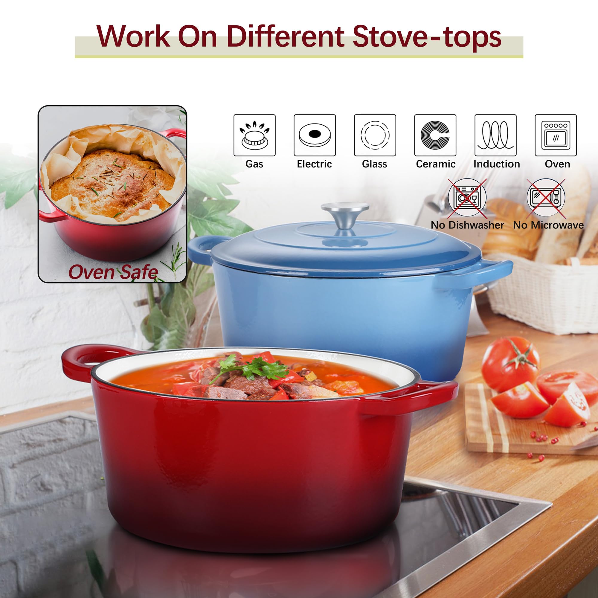 E-far Forno olandese smaltato 7QT, pentola rotonda in ghisa olandese con coperchio per cuocere pane/brasare/arrostire/stufare, pentole antiaderenti resistenti sicure per induzione e forno, rosso
