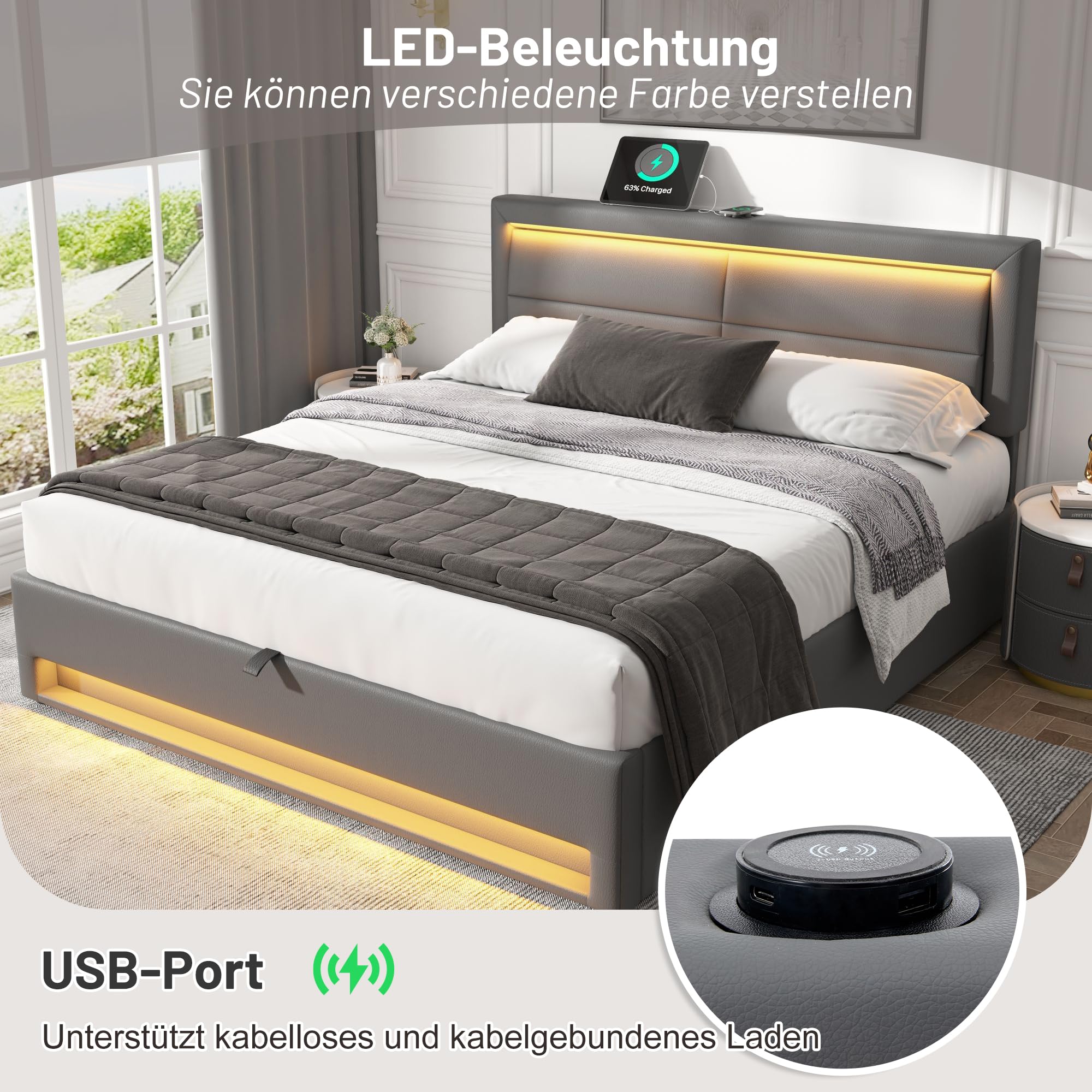 Letto Matrimoniale 140x200 Con Contenitore, LED, USB E Bluetooth - Testiera Regolabile, 4 Cassetti