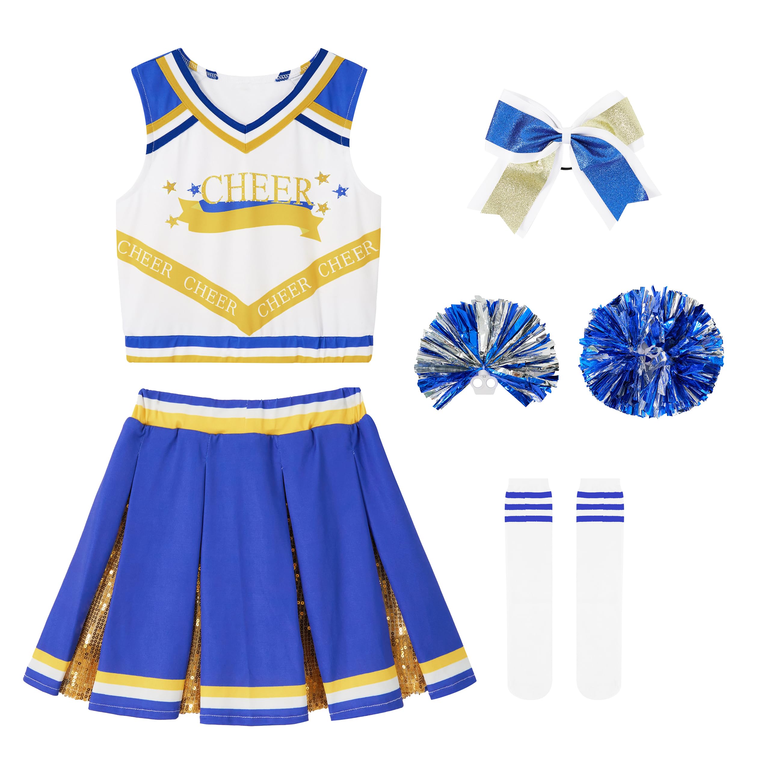 LOLANTA Girls Blue Cheerleader Costume Kids Sequin Cheerleading Outfit with Pompoms Socks