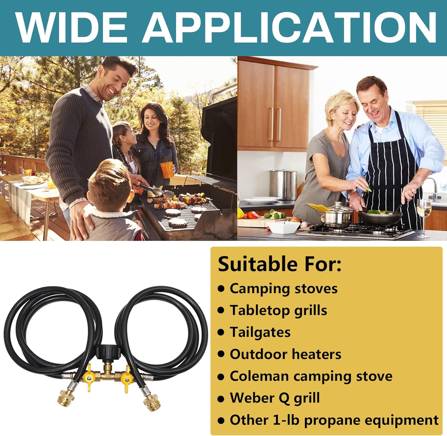 5ft Propane 2 Way Splitter Adapter Hose 1 lb to 20 lb Converter with Shut Off Valve, Propane Hose Adapter 1lb Portable Appliance to QCC1/Type1 5-40lb Tank for Camping Stove, Gas Grill, Portable Heater