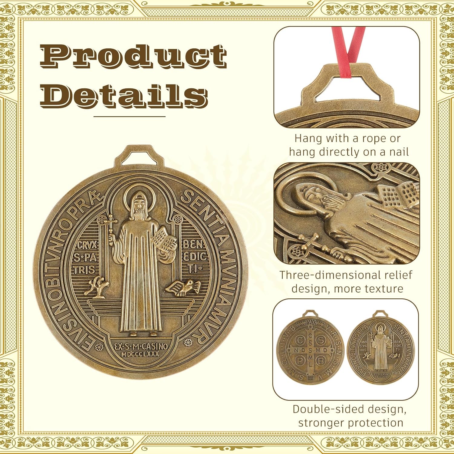 Landical 2 Pcs Extra Large 5 Inch St Benedict Medal Wall Decor – Catholic Protection Cross for Home Door, Vintage Saint Benedict Religious Art(Gold) - Image 3