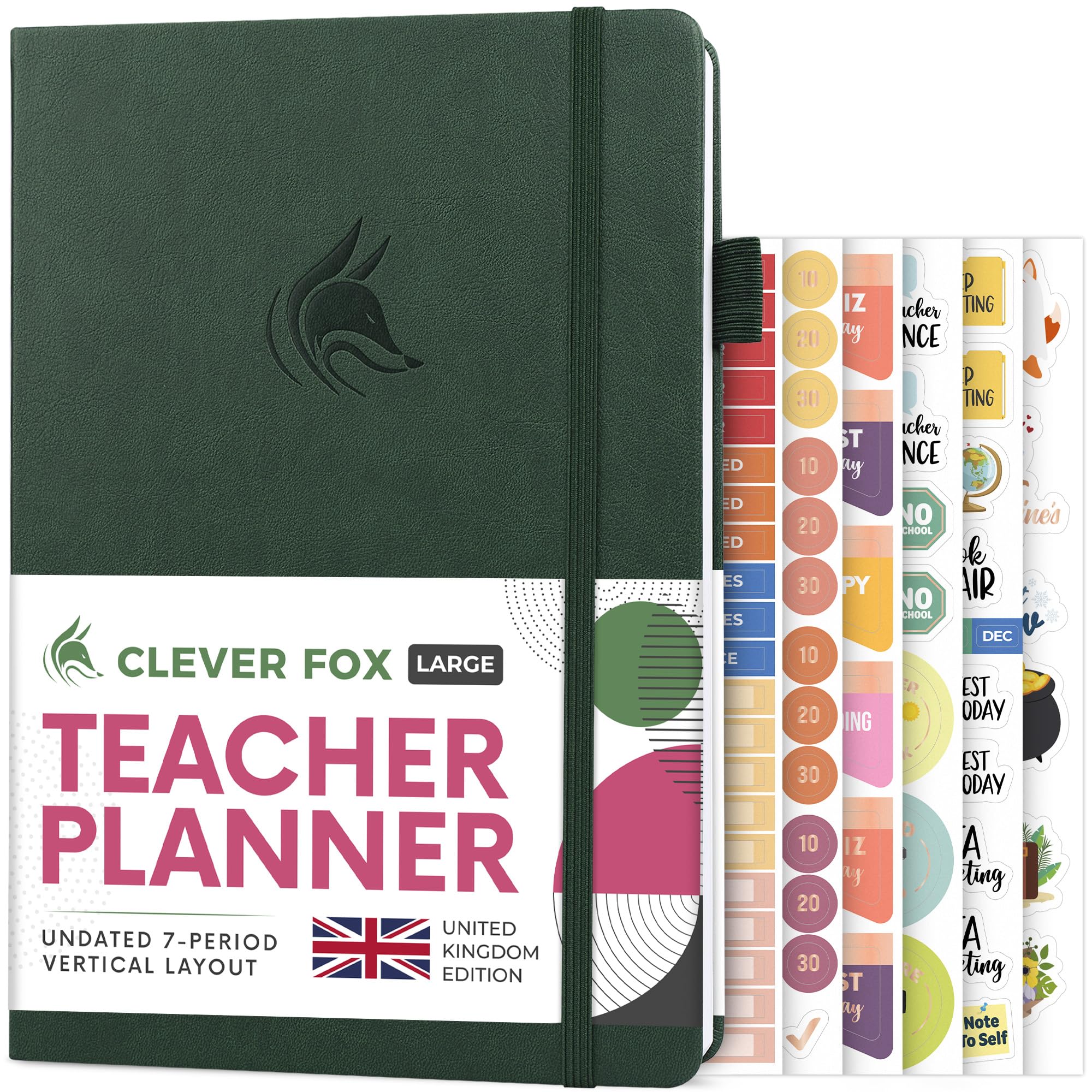 Clever Fox Teacher Planner UK Edition – School Year Planner with Calendars & Lesson Plans – Teacher Plan Book for Classroom & Homeschool Organization - Undated, 18x25cm, Hardcover (Dark Green)