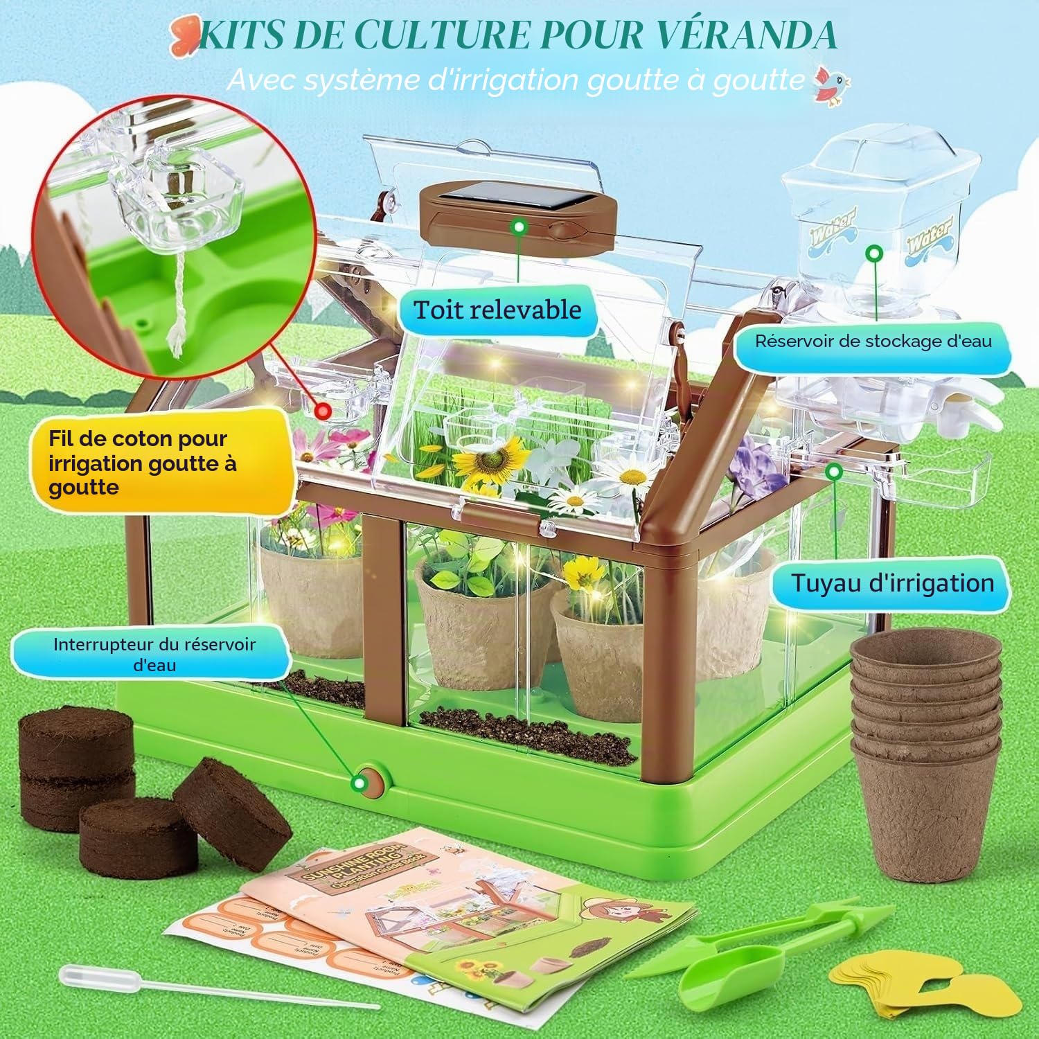 KAHEIGN Kit de Culture de Plantes pour Enfants, Mini-Serre pour Enfants Kit de Culture de Fleurs avec Système D'irrigation Amélioré - Cadeau de Jardinage Éducatif(GRAINES ET LUMIÈRE Non INCLUSES)