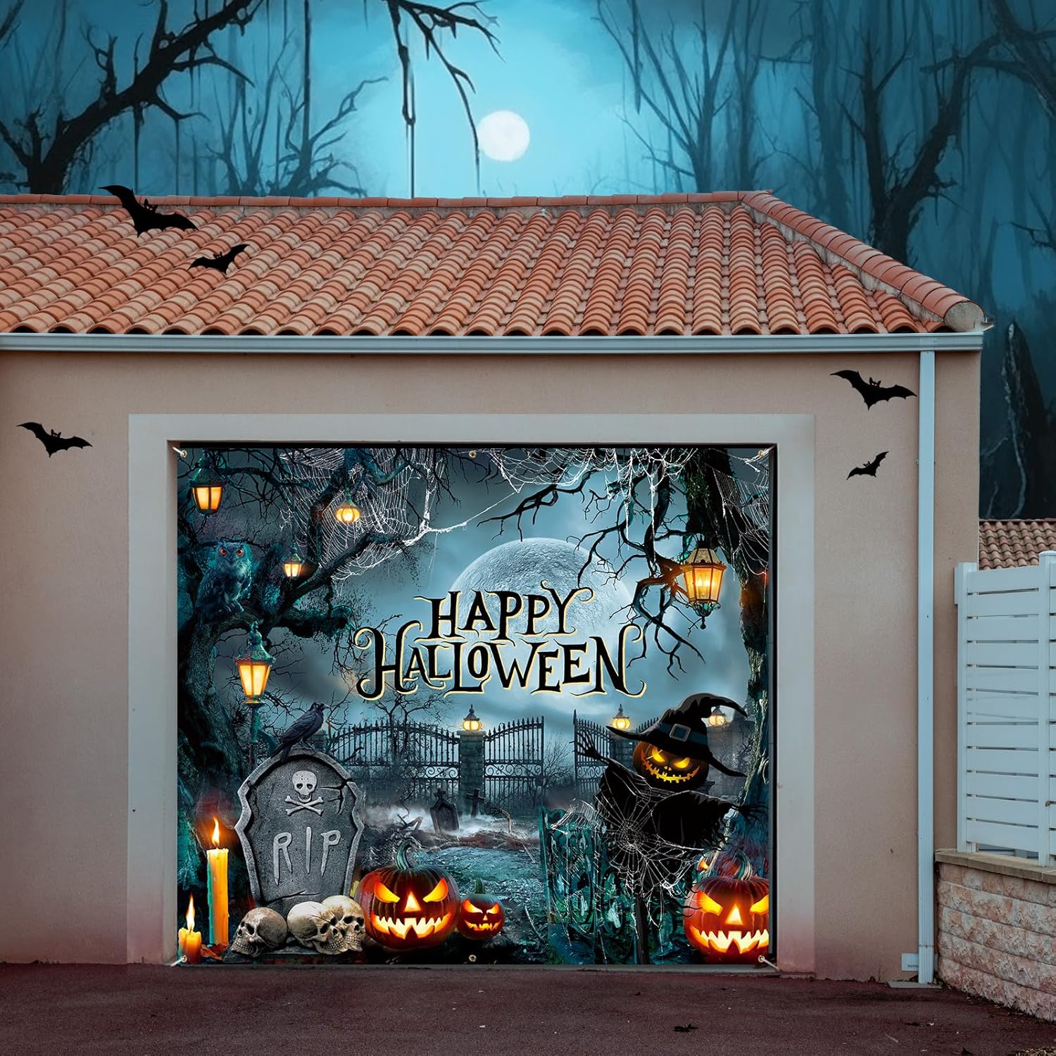 Teenyyou Halloween Garage Door Cover 7 x 8 ft Halloween Garage Door Decorations Horror Moon Cemetery Backdrop Banner Cover for Holiday Outdoor Home Yard Wall Decor Supplies