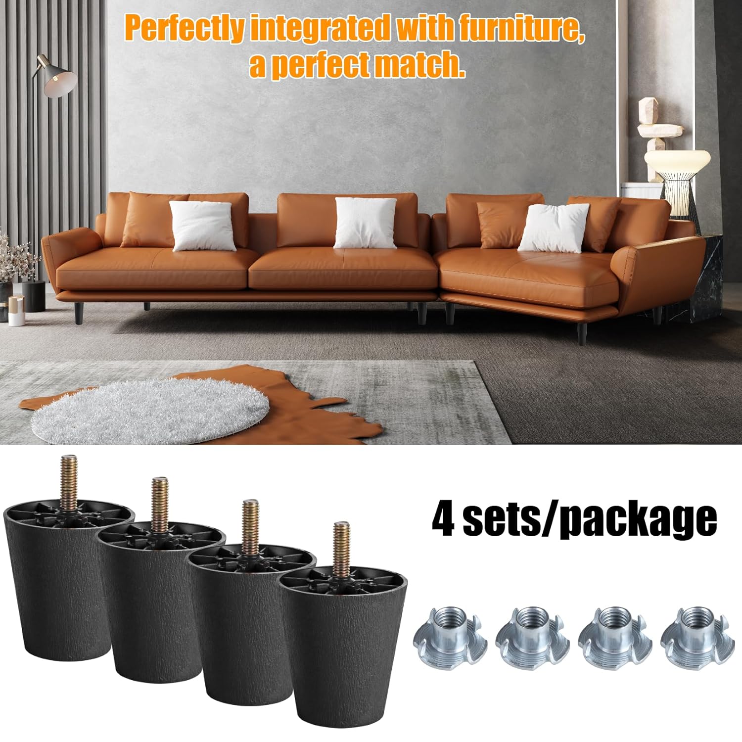 Manesi 4Pcs 2.5 inch Plastic Sofa Legs,Black Sofa Replacement Legs,Round Furniture Legs with M8 Bolts for Couch Dresser Cabinet Chair Bed Coffee Table - Image 5