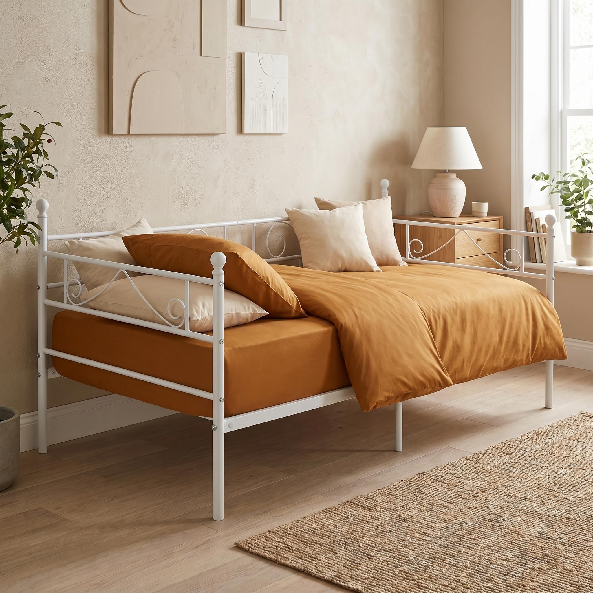 buybyroom Daybed Single Sofa Bed Frame with Headboard and Solid Metal Slat Guest Sofa Bed for Living Room Bed Room (White)