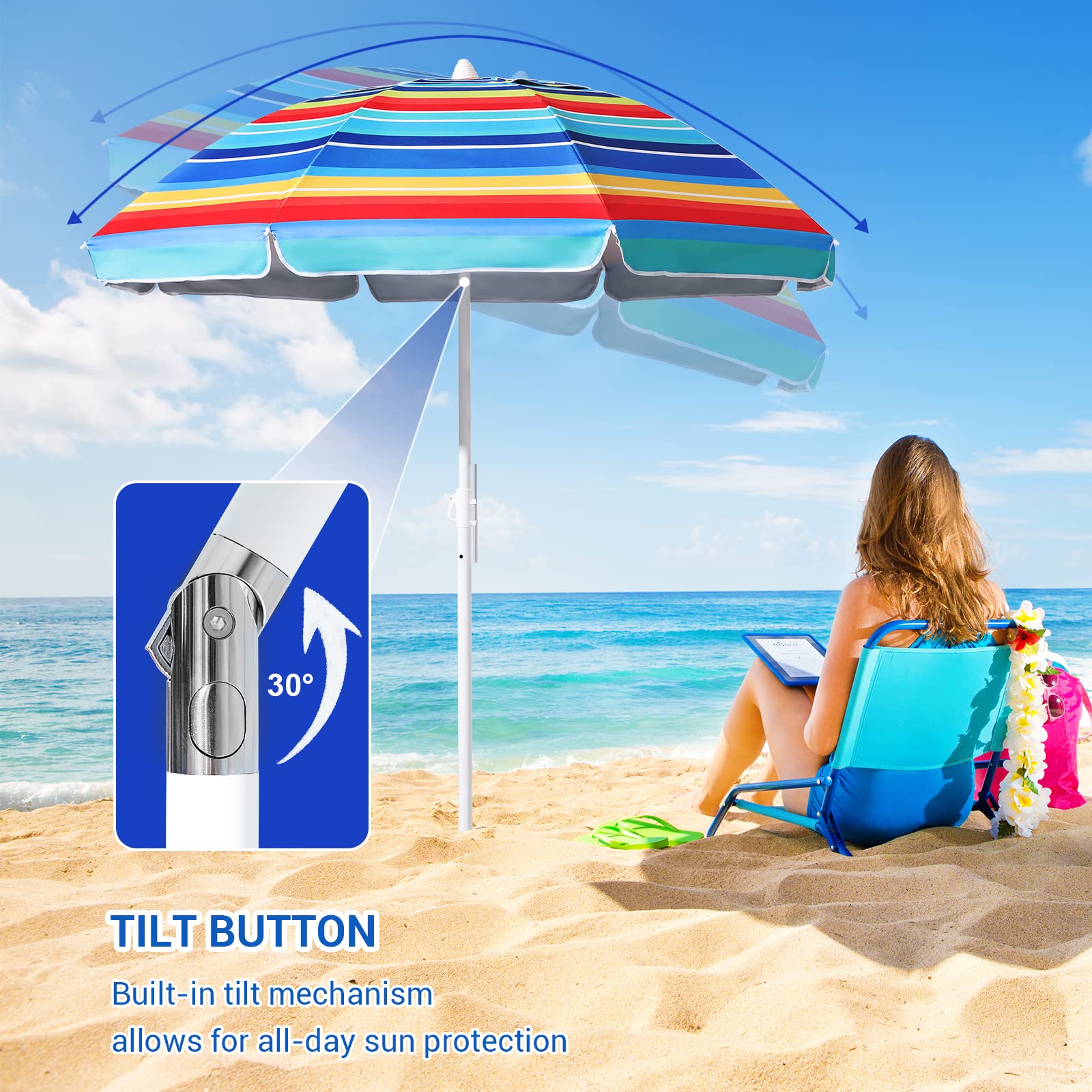 Beach Umbrellas for Sand with Air Vents, 6.56FT Arc Length, 5.9FT Diameter, Heavy Duty Wind Portable, Adjustable Tilting Pole with 8 Ribs UV 50+ and Carry Bag