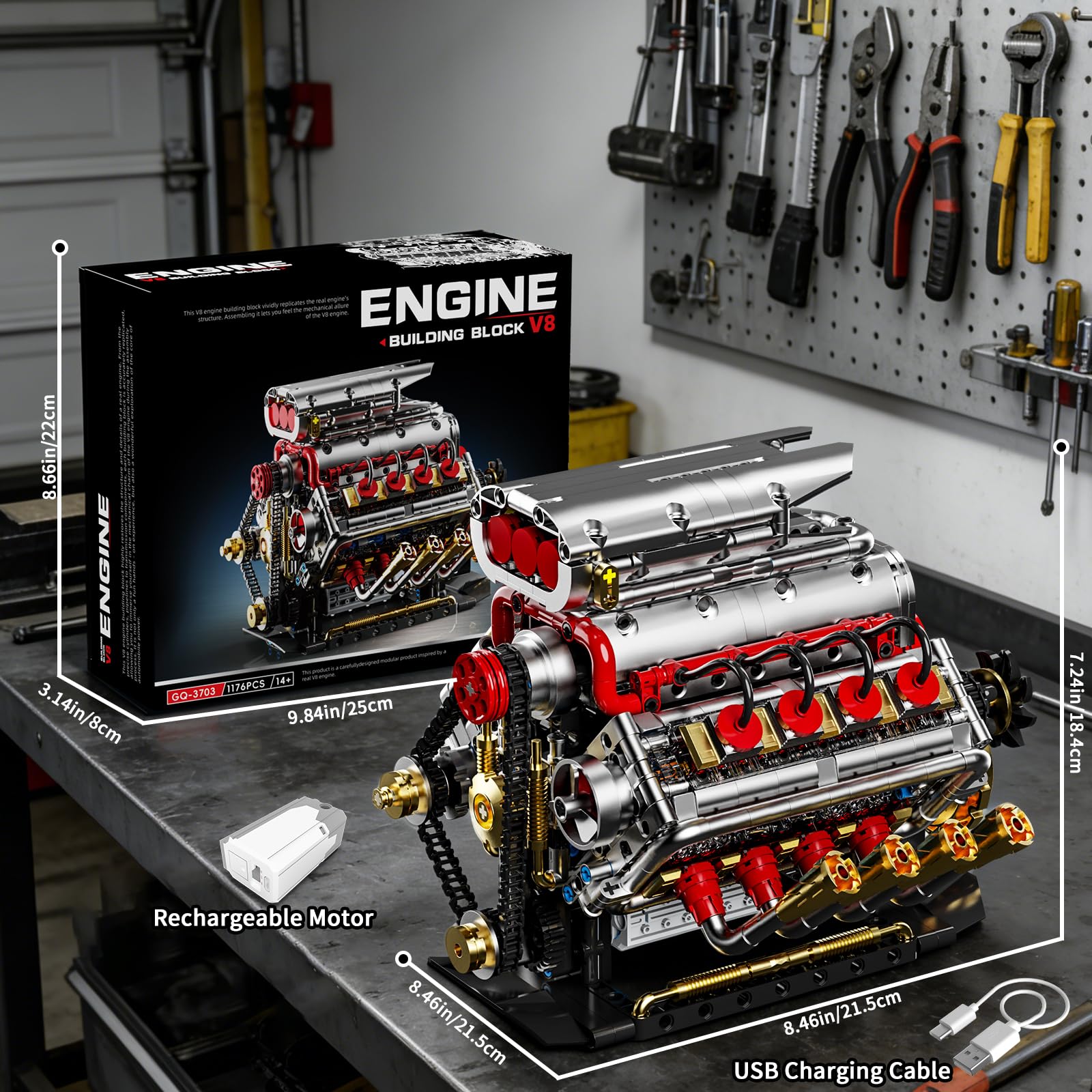 Technik V8 Motor Bausatz Bausteine Klemmbausteine, Ideas V8 Eigene Modellbausatz Set für Erwachsene, Kompatibel mit Lego, STEM Spielzeug Geschenk für Auto Fans und Jungen ab 14 Jahren (1176 Teile)