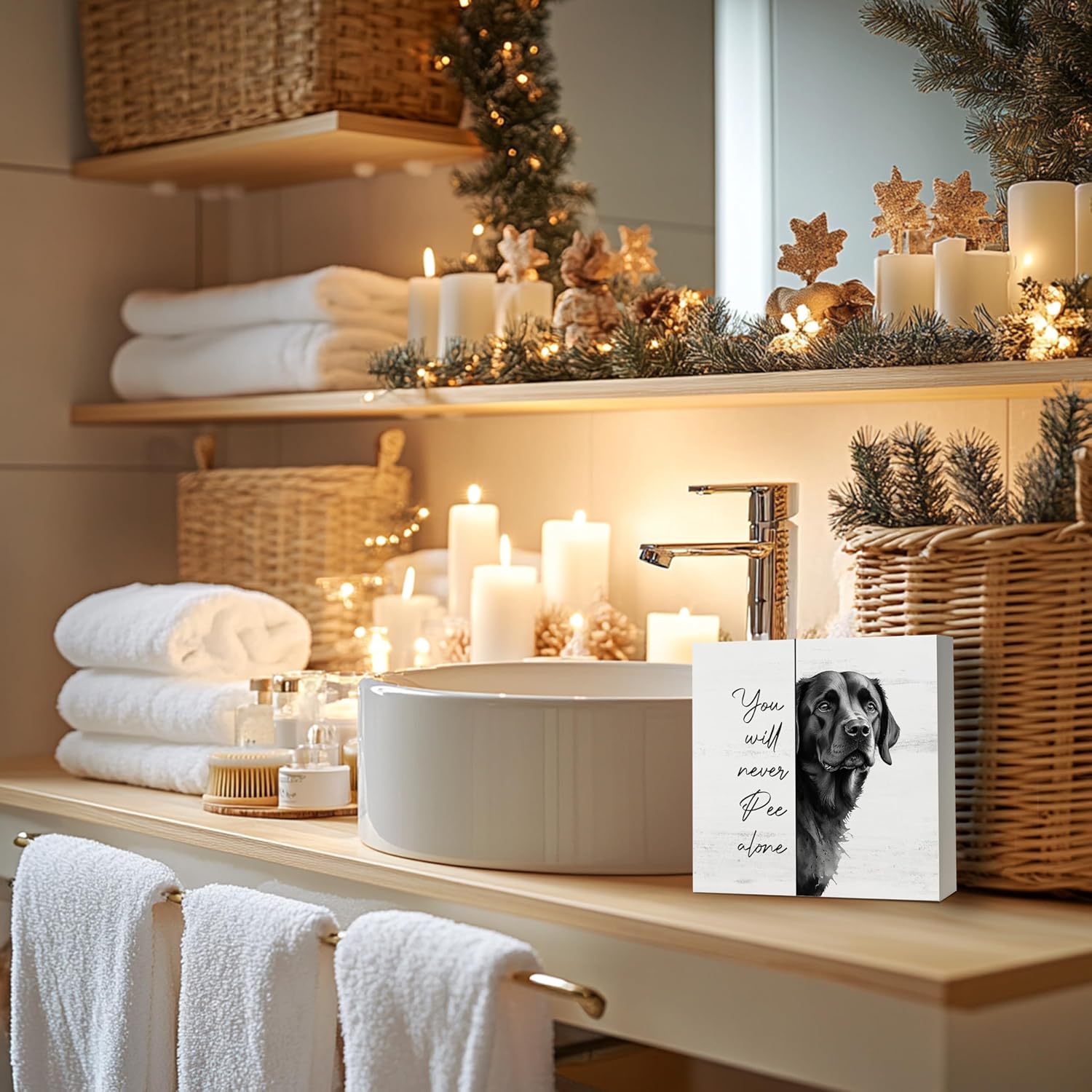 Funny Black Labrador Bathroom Decor, Gifts for Labrador Dog Lovers Wooden Box Sign, You Will Never Pee Alone Wood Signs for Bathroom Toilet Restroom Counter Shelf Wall Decoration 5x5 Inch - Image 3