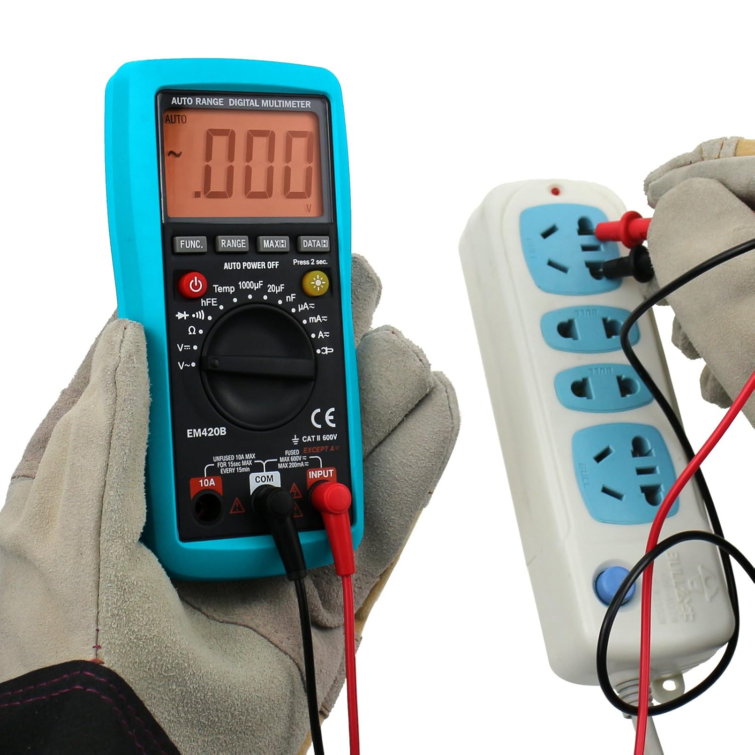Person using the ALLOSUN EM420B Digital Multimeter to measure voltage from an electrical outlet.