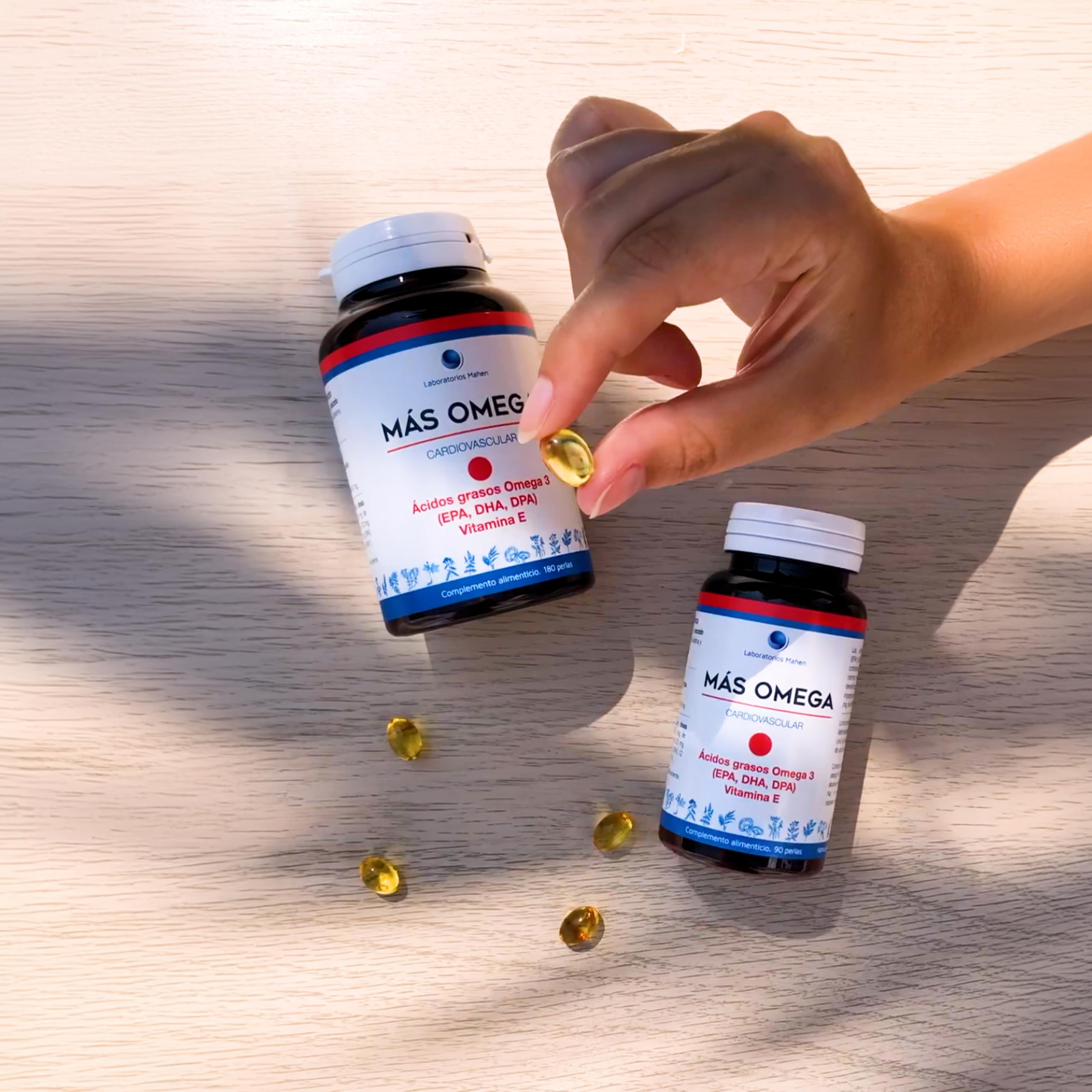 Laboratorios Mahen - Más Omega | 180 perlas DHA | EPA y DHA, Vitamina E, aceite de pescado, formato perlas, 90 tomas