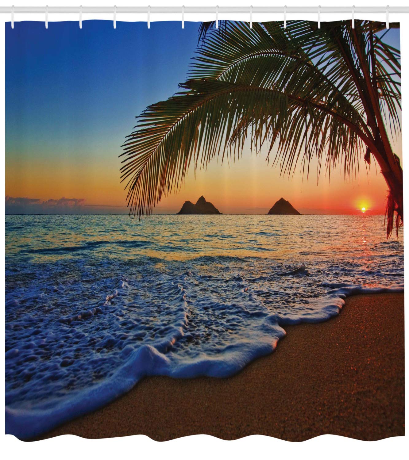 Ambesonne Hawaiian Shower Curtain, Pacific Sunrise at Lanikai Beach Hawaii Wavy Ocean Surface Colorful Sky Scene, Cloth Fabric Bathroom Decor Set with Hooks, 69" W x 70" L, Blue Ivory - 2