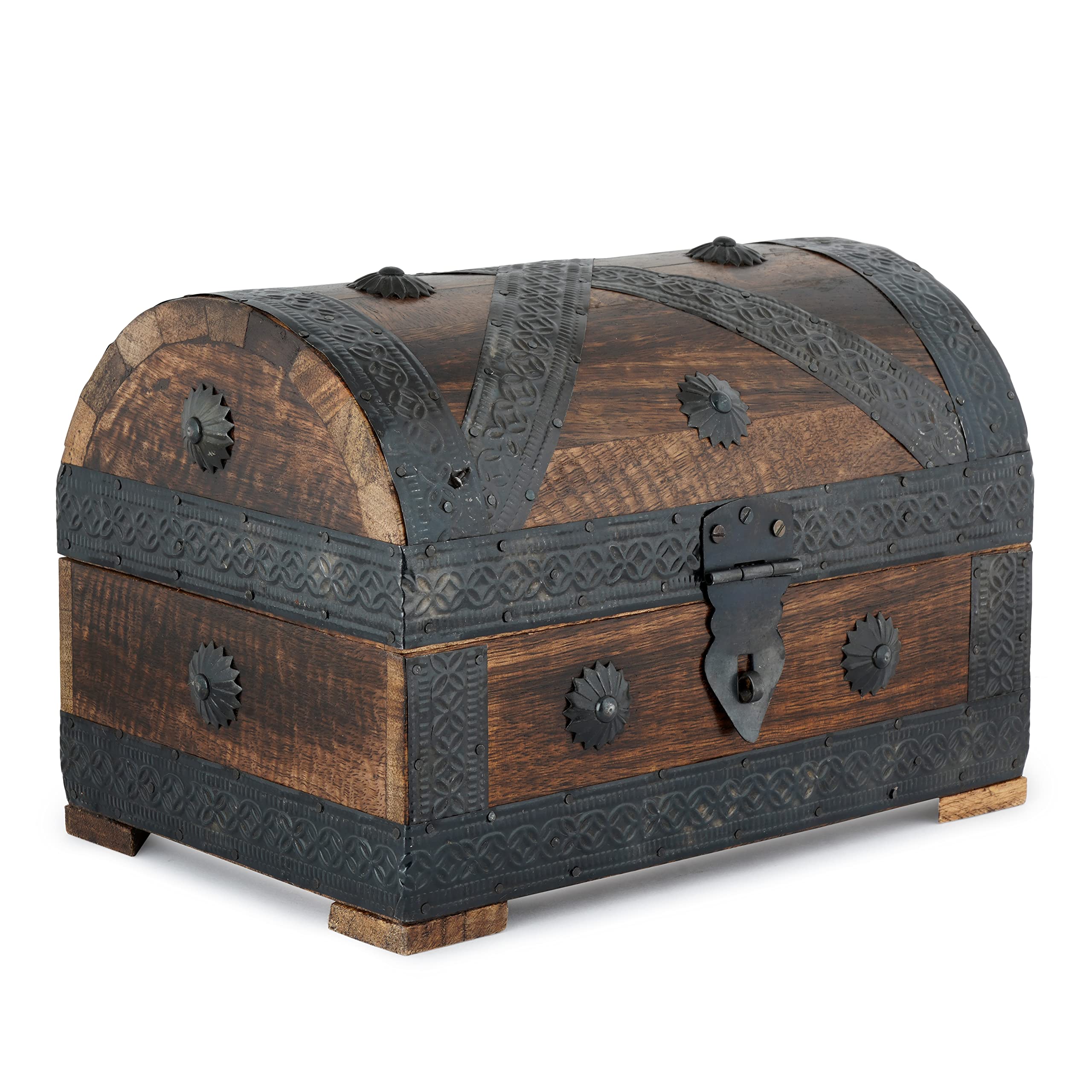 Ajuny Brown Handcrafted Wooden Treasure Chest Jewellery Box Multipurpose Vintage Shell Strips Keepsake Trinket Storage Pirate Chests Tuck Box Necklace Earring Organizer Gift Box, 9X6 Inch
