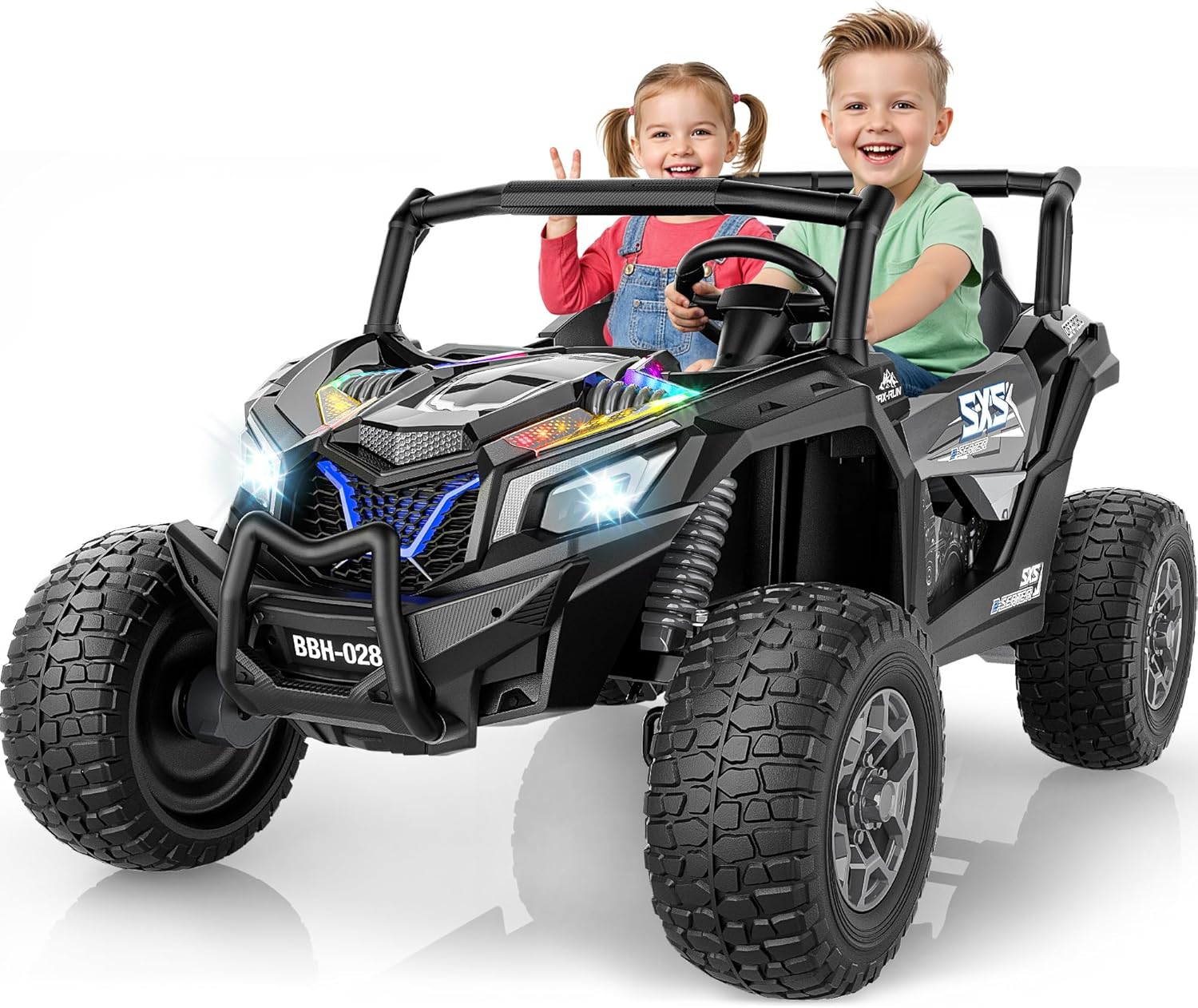 24V 2 Seater Ride On Car for Kids 3-14, 4WD XXXL Electric Off Road UTV w/Remote Control, Wider Adjustable Seats, All-Terrain EVA Tires, Max Load 220 lbs, LED Lights, 3 Speeds, Up to 5 Mph (Black)