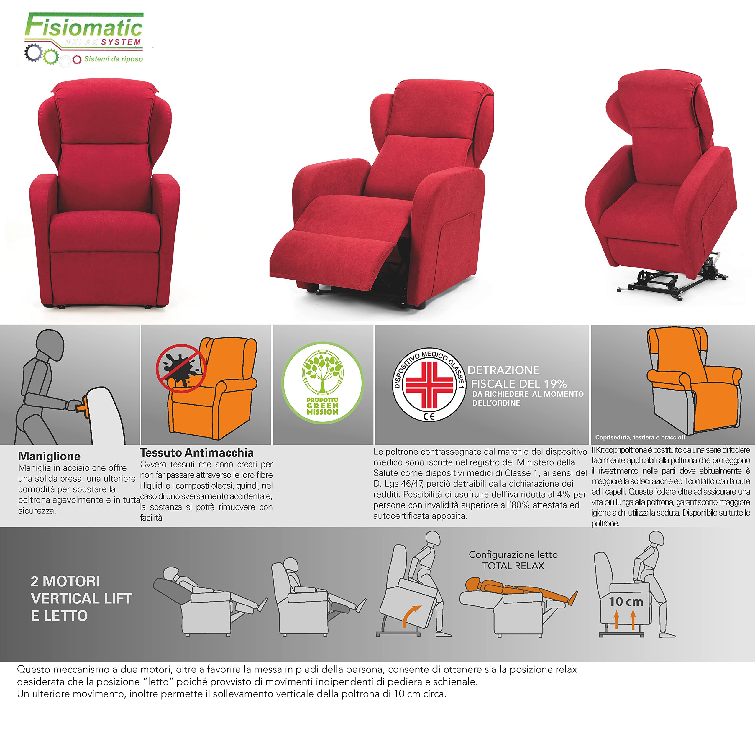 Fisiomatic® - Poltrona elettrica reclinabile - 2 motori indipendenti – Poltrona Anziani Made in Italy – Passaggio porte – Poltrona relax alzapersona – Mod.Chloe (Red)