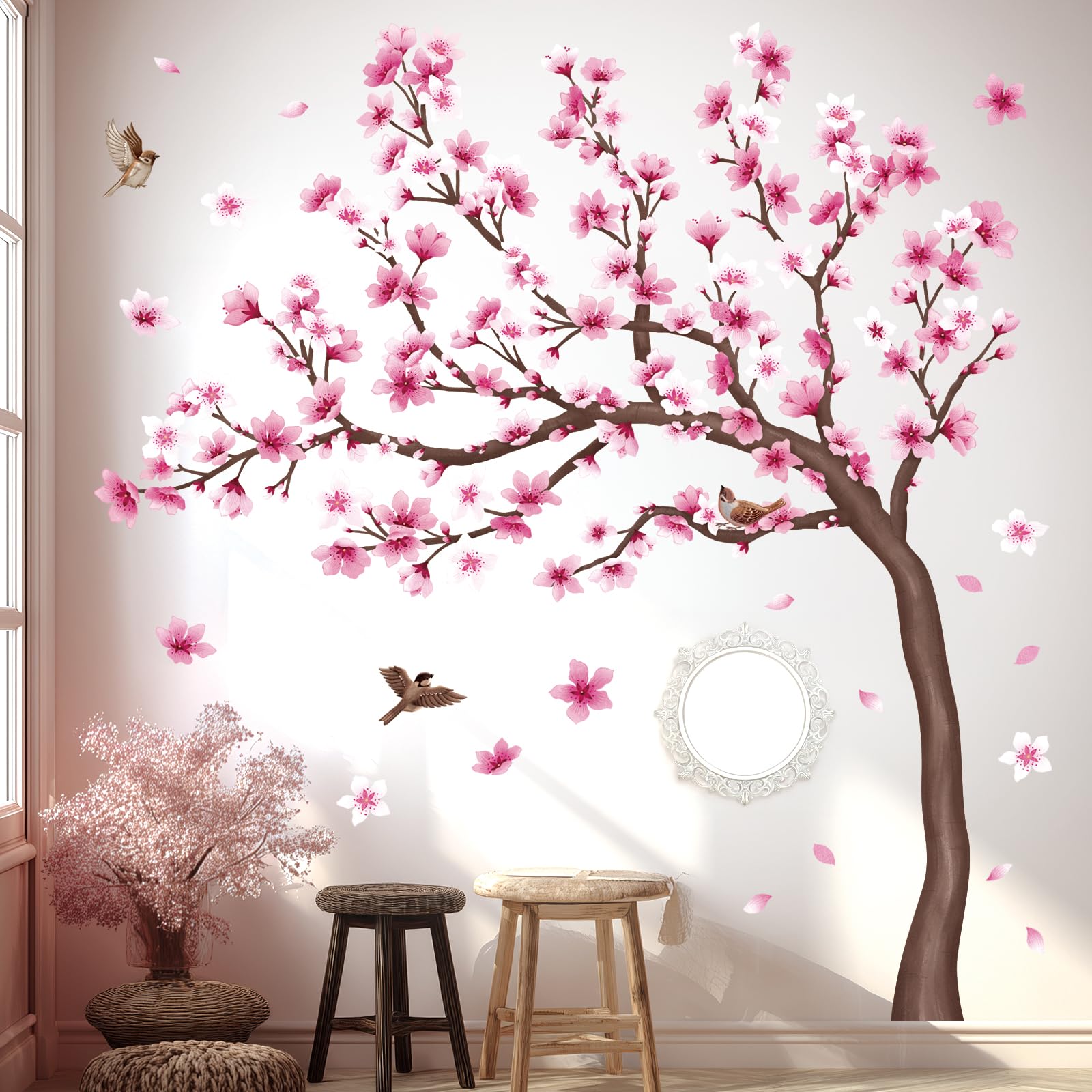 Decowall Flower Tree Cherry Blossom Tree Wall Stickers - Floral Branch Decals Room Bedroom Office Living Room Tv Birds Art Background Peel And Stick (Sg4-2431)