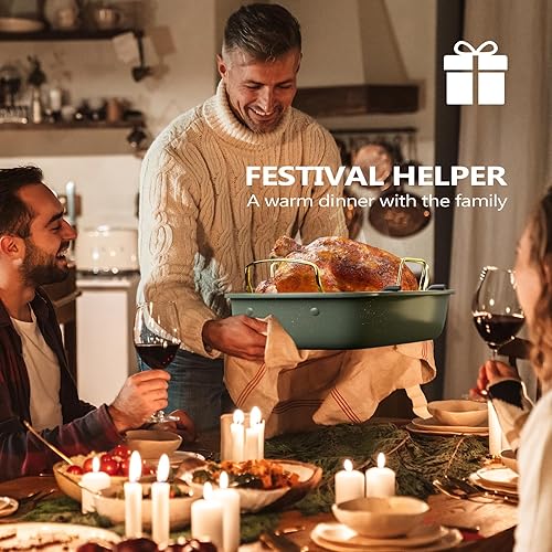 Miniatura 20 de Sartén para asar, 17 x 13 pulgadas con estante extraíble, sartén antiadherente para asar pavo, carne y verduras (dorado)