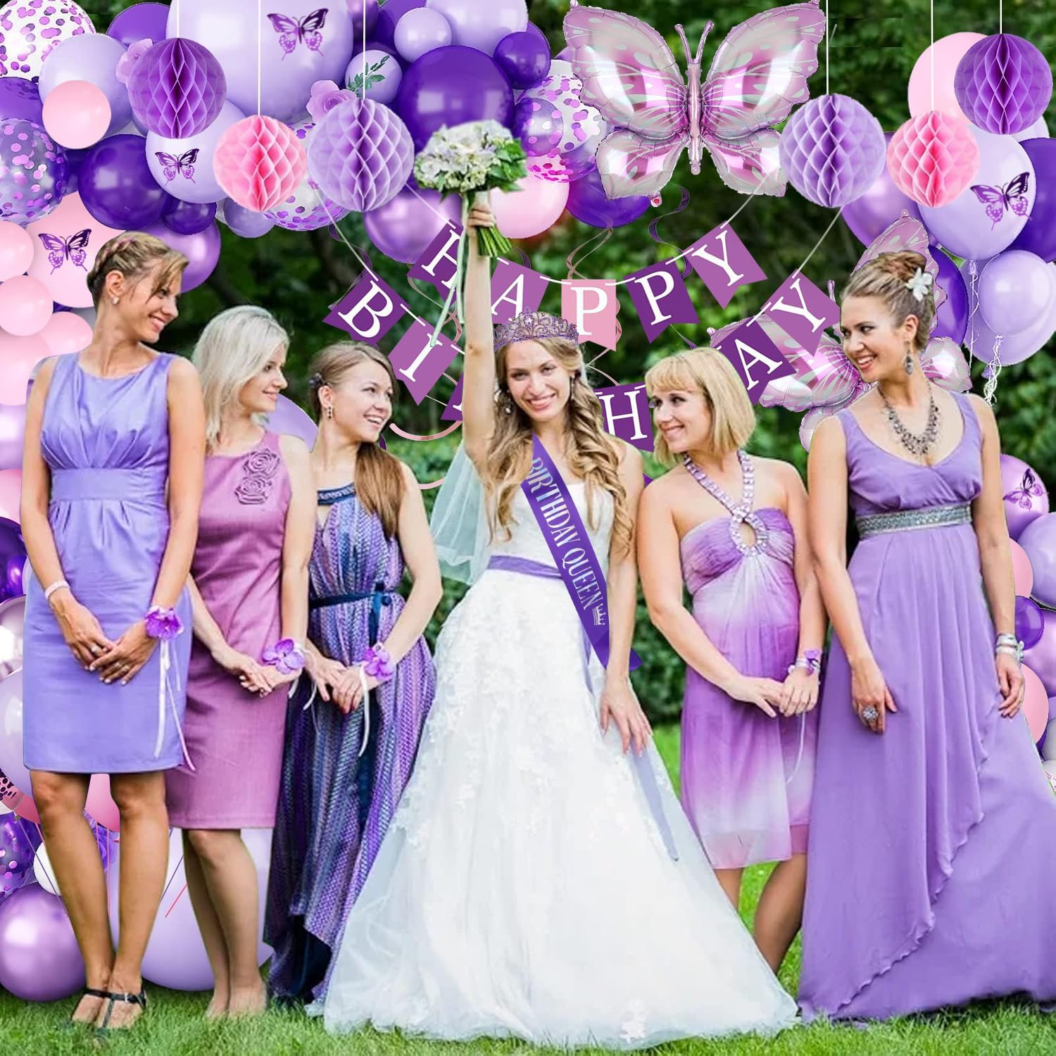 Purple Birthday Decorations, Purple Pink Party Decorations with Happy Birthday Banner, Balloons, Bday Sash, Crown, Butterfly, Tablecloth, Fringe Curtain, Honeycomb Ball for Women Girls Party Supplies