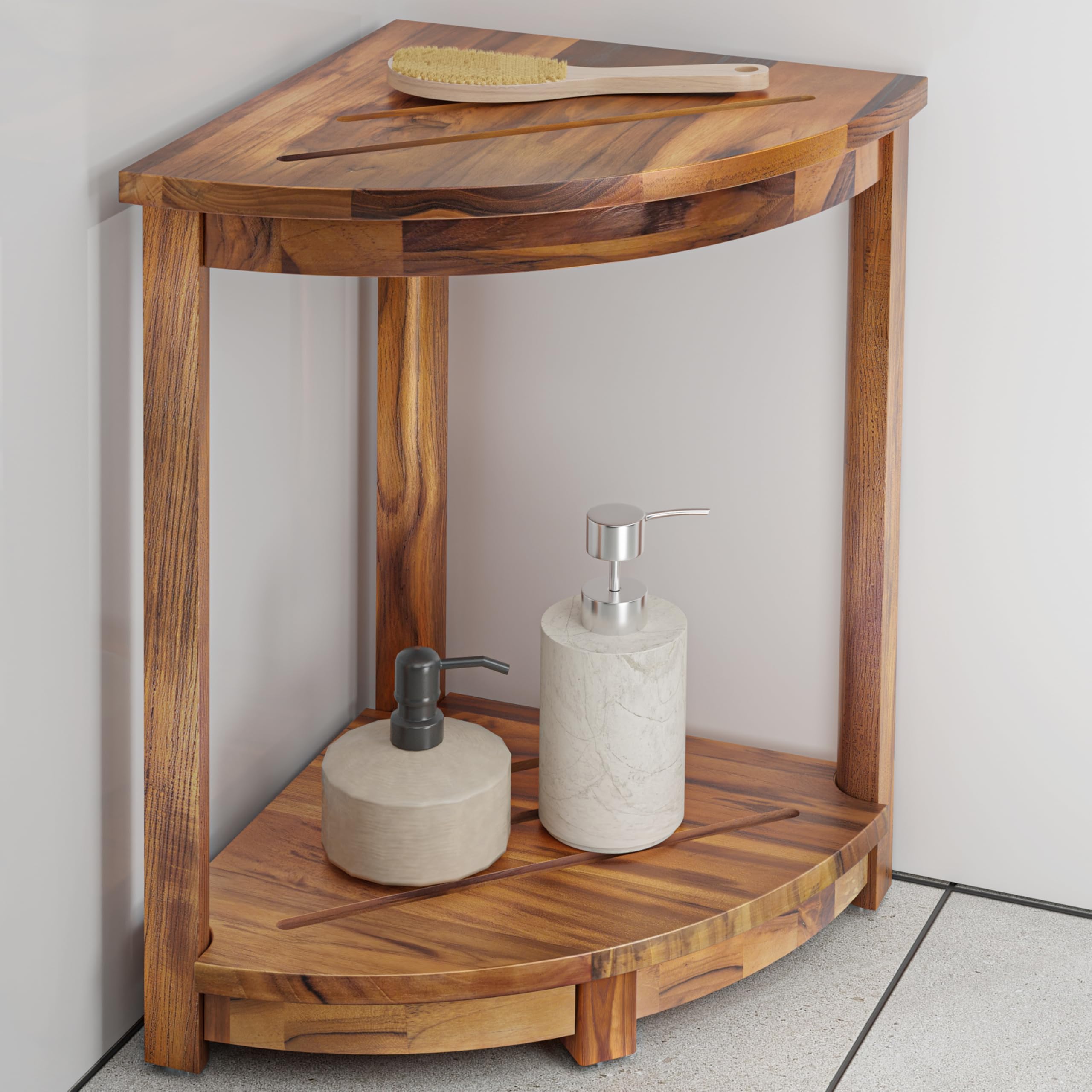 HOLANA 18" Teak Corner Shower Stool for Inside Shower – Teak Corner Shower Bench with Storage Shelf – Shower Foot Rest and Shower Stool for Shaving Legs – Compact Shower Stool for Indoor Use