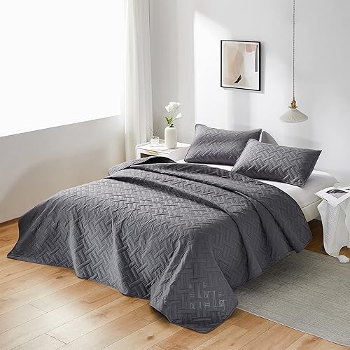 Miniatura 2 de beeweed Quilt Set Queen Size 3 Pieces Lightweight Microfiber Basket Pattern Bedspreads for All Season Grey Soft Summer Coverlet Set with Ultrasonic