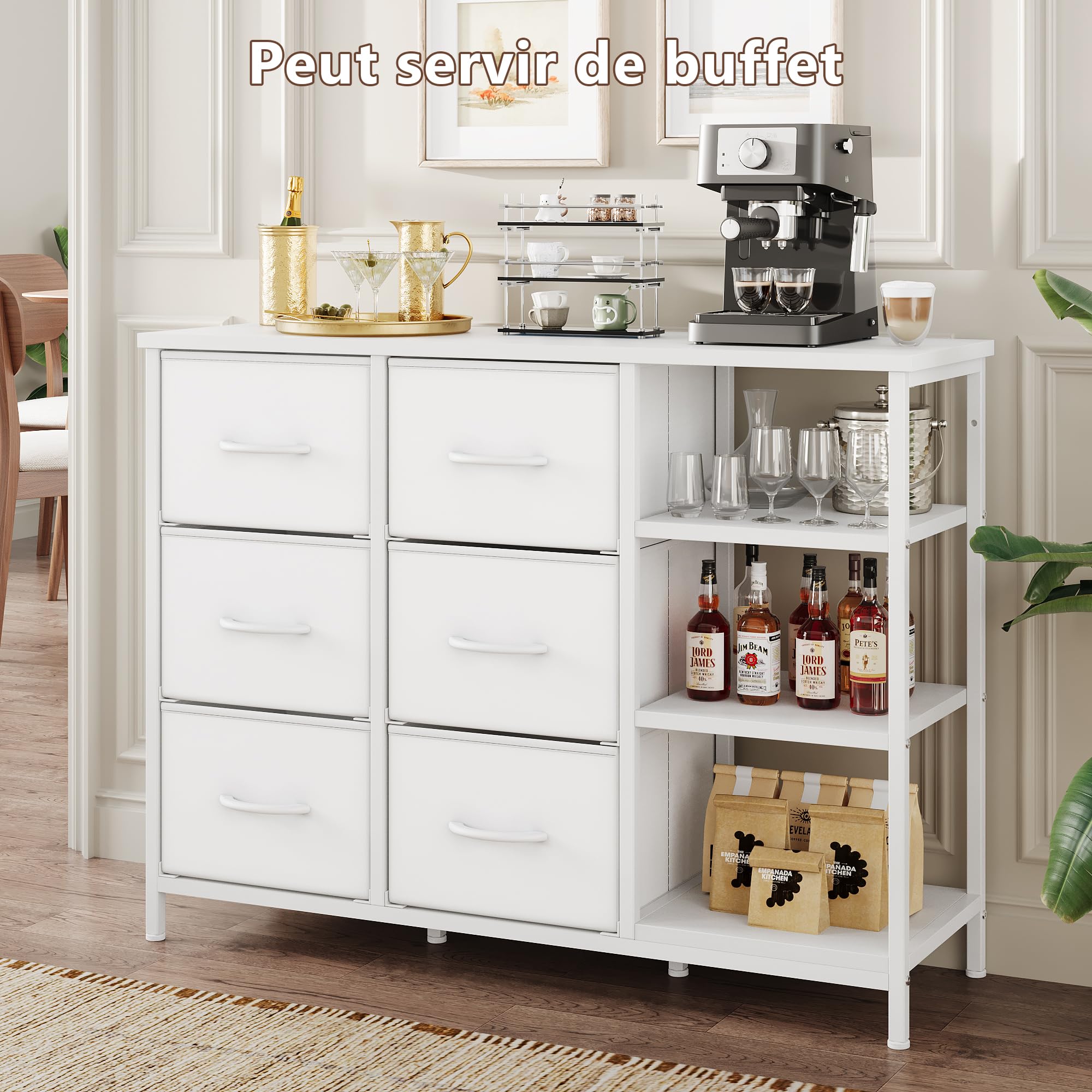 Feonase Commode à 6 tiroirs avec meuble de rangement ouvert, en tissu de style moderne, 100 x 30 x 76 cm, blanc