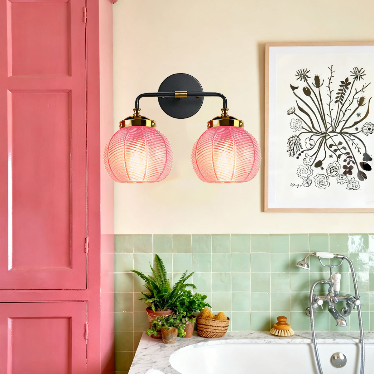 Image of Modern Vanity Light Pink Bathroom Decor Black Bathroom Light Fixture | 2-Lights Ribbed Glass Shade Vintage Vanity Lights Gold Lighting fixture for Over Mirror Cabinet Bedroom Hallway Kitchen