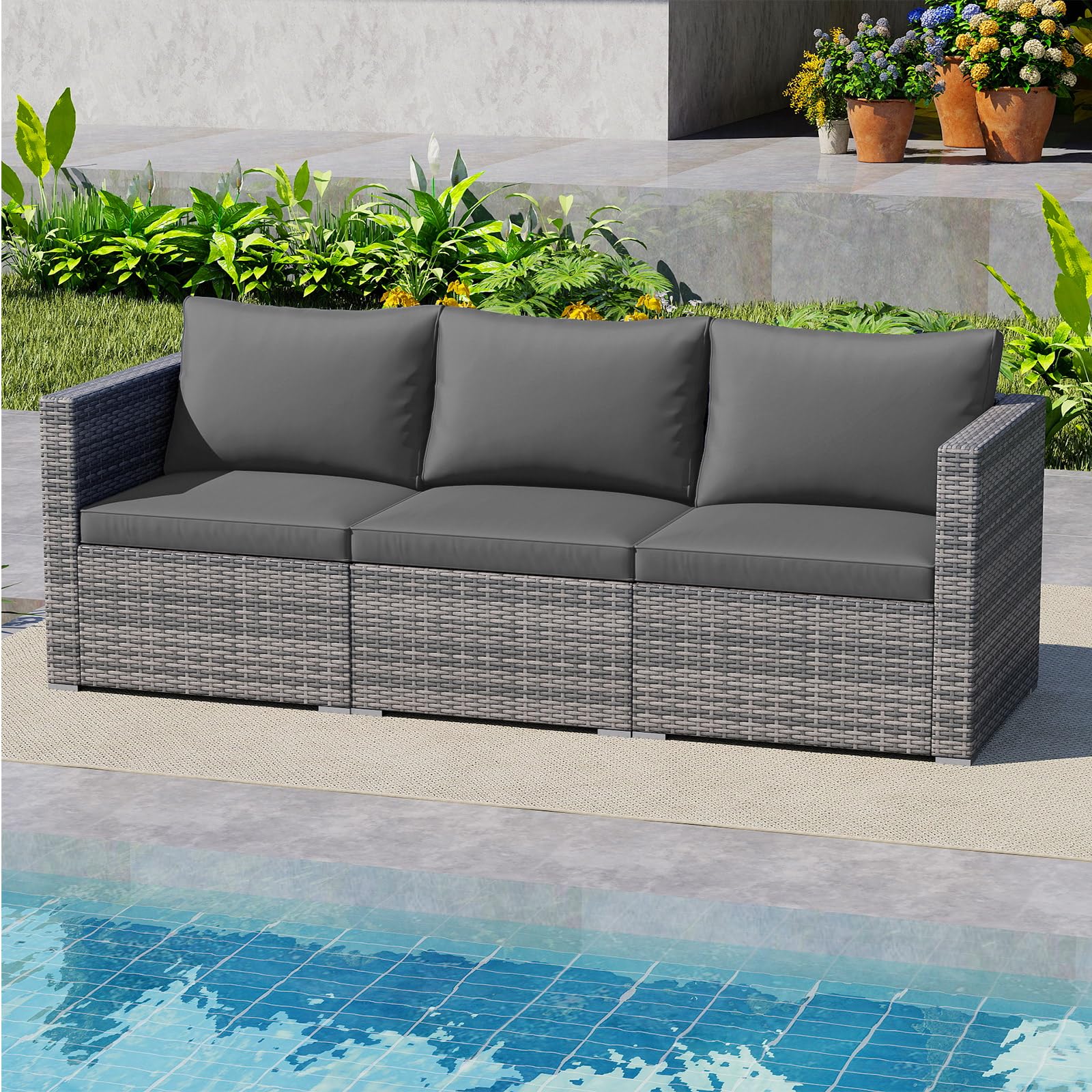 GIANTEX Sofá Exterior 3 Plazas de Ratán, Mueble de Jardín Modular 3 Piezas con Cojines Gruesos, 193 x 67 x 61,5 cm, Juego de Conversación para Balcón, Terraza (Gris)