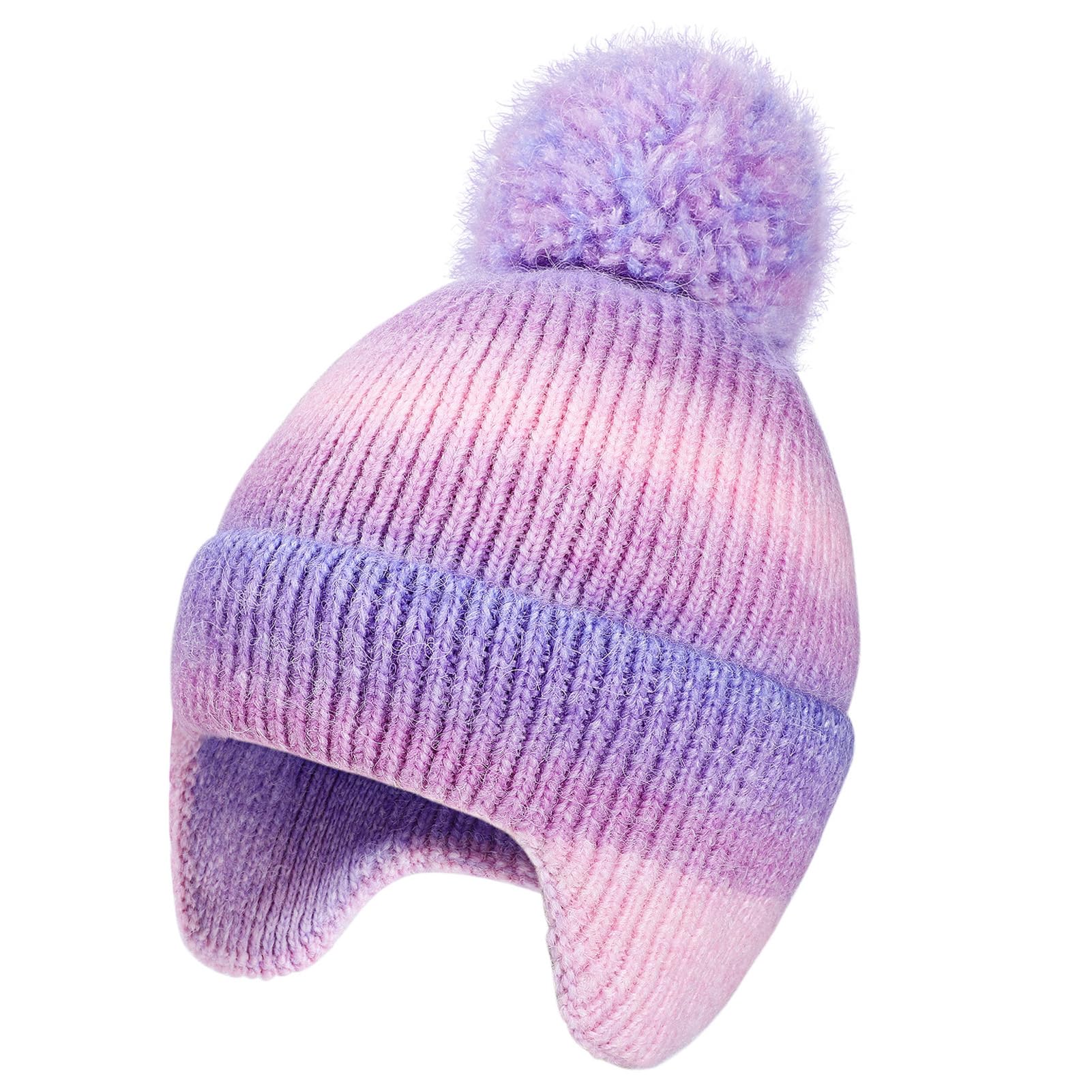 Toddler Knitted Beanie with Ear Flaps Girls Rainbow Pompom Hat Kids Winter Skull Caps Warm Fleece Lined Snow Ski Cap