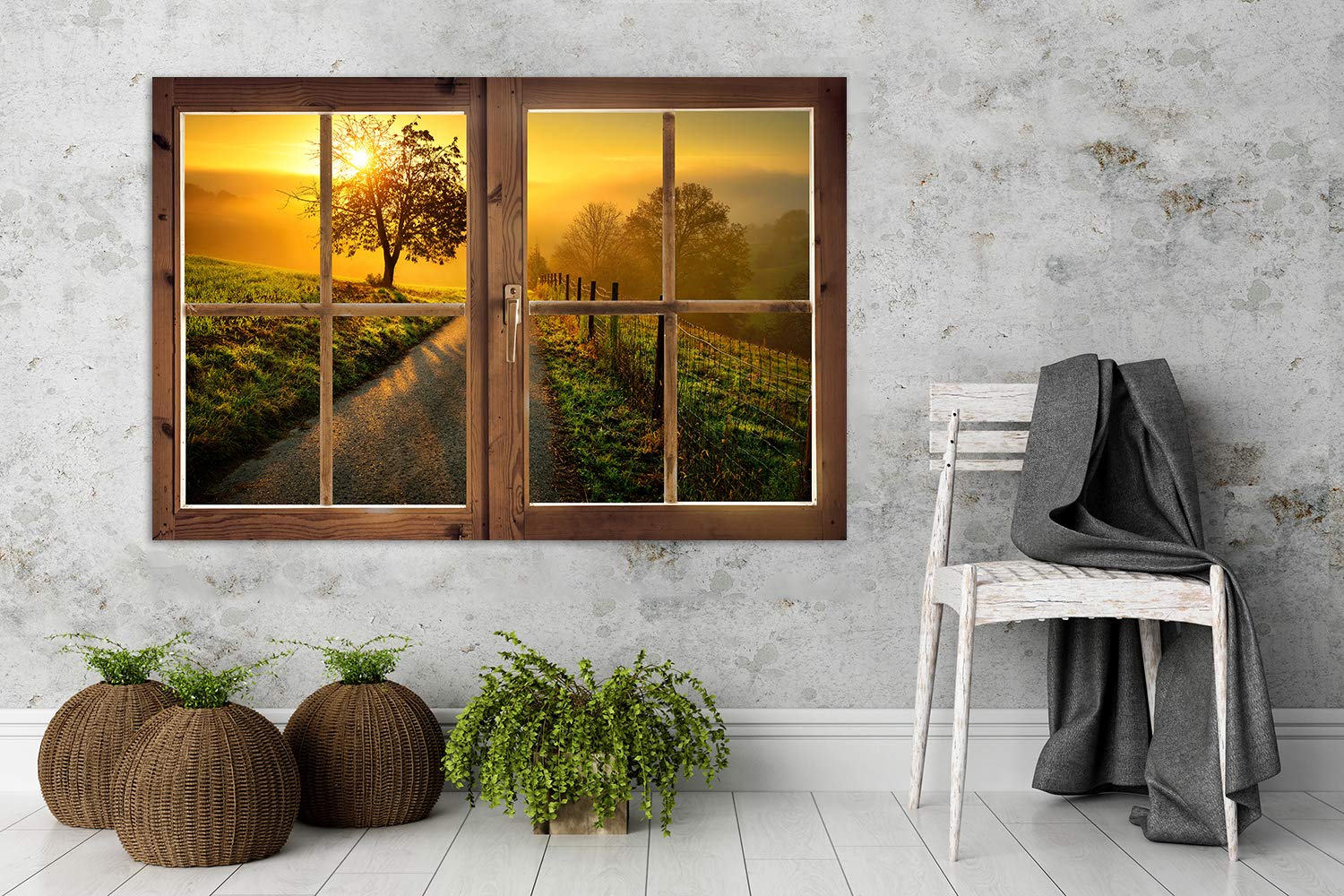 Feeby Obraz na Płótnie Canvas Okno Iluzja 3d 120x80 cm 1-częściowy Obraz na Ścianę Dekoracja Ścienna do Salonu Sypialni Biura Obraz Ścienny XXL Nowoczesny Drzewo Droga Słońce Żółty