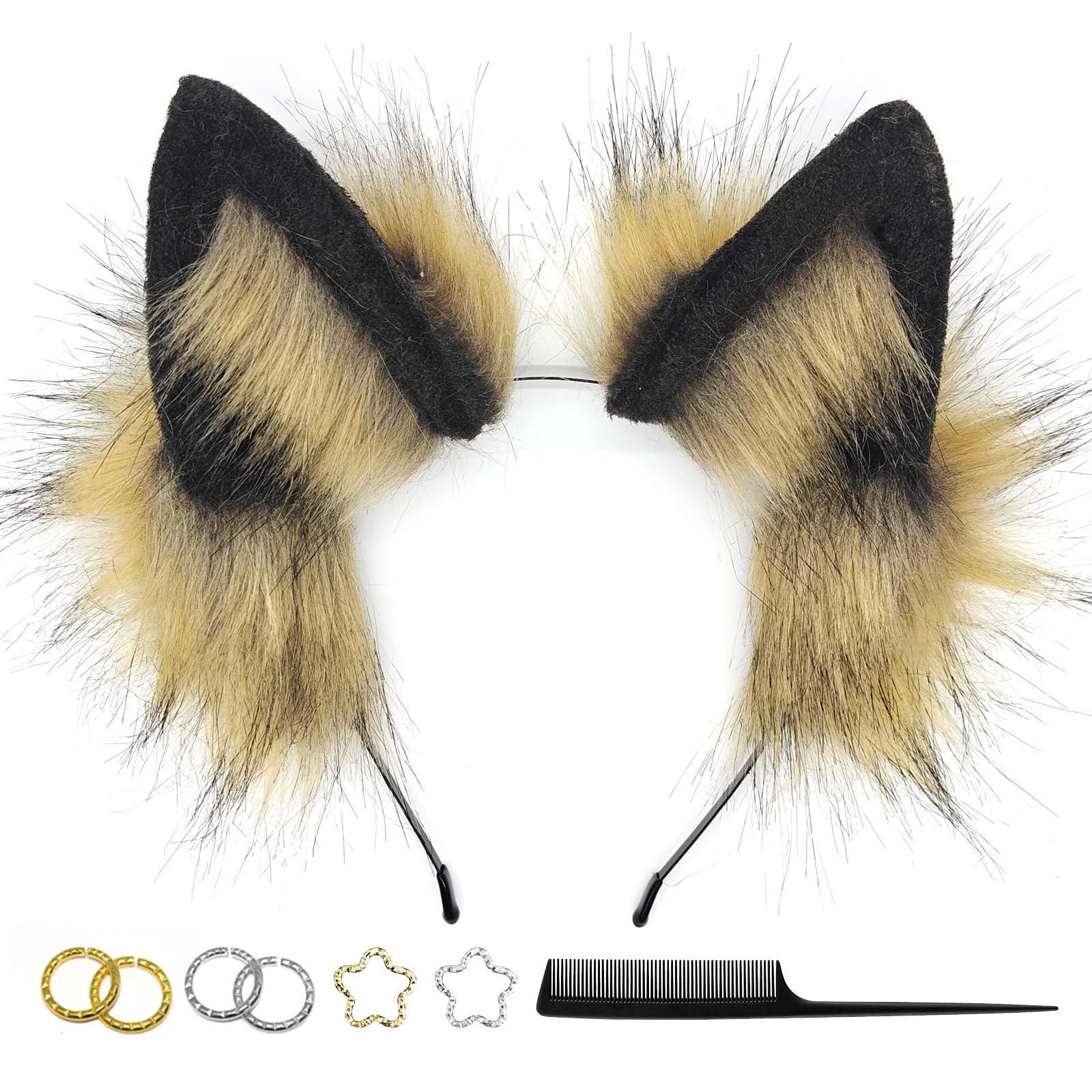 Cat Wolf Fox Dog Ears Headband Handmade Faux fur Cosplay Halloween Costume Party: Black+brown