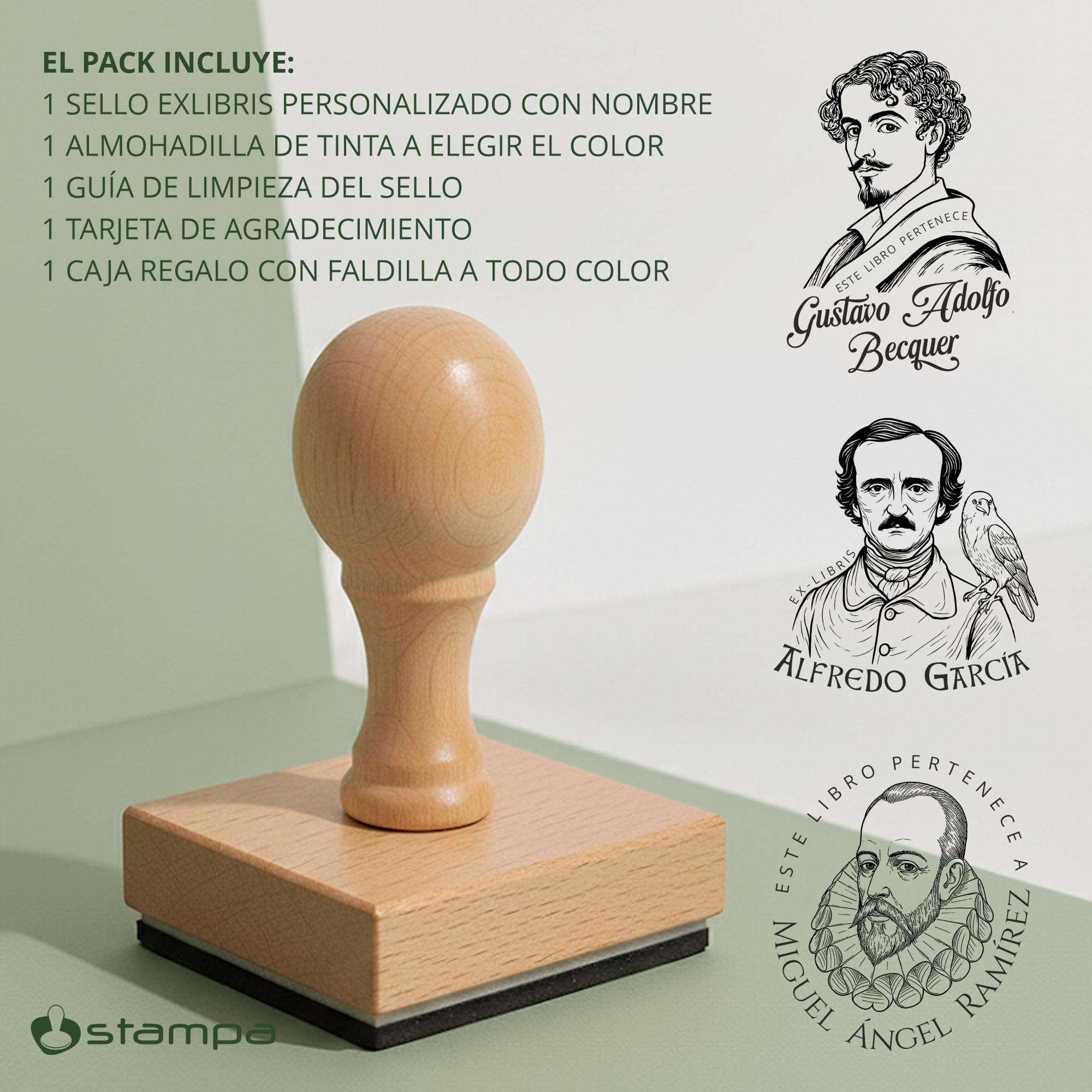 EXLIBRIS PERSONALIZADO para Libros – Sello Exlibris con Nombre “Este libro pertenece a” – Sello Biblioteca – Temática Escritores: Cervantes, Bécquer, Edgar Allan Poe – Literatura Clásica – STAMPA