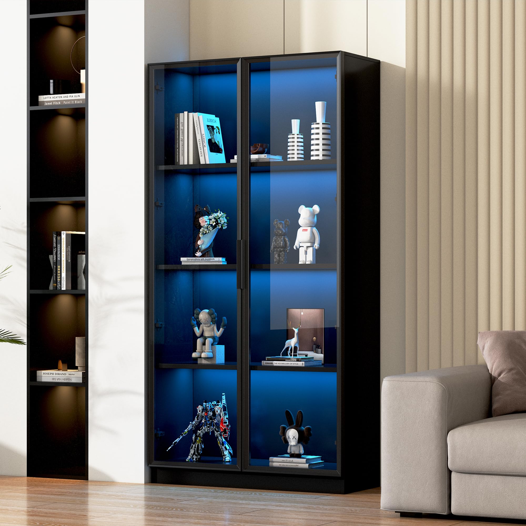 Kebnor Vitrina de cristal con aplicación de iluminación LED, vitrina de doble puerta con estantes móviles, 80 x 40 x 160 cm, armario alto para salón, vitrina de pie, armario de baño