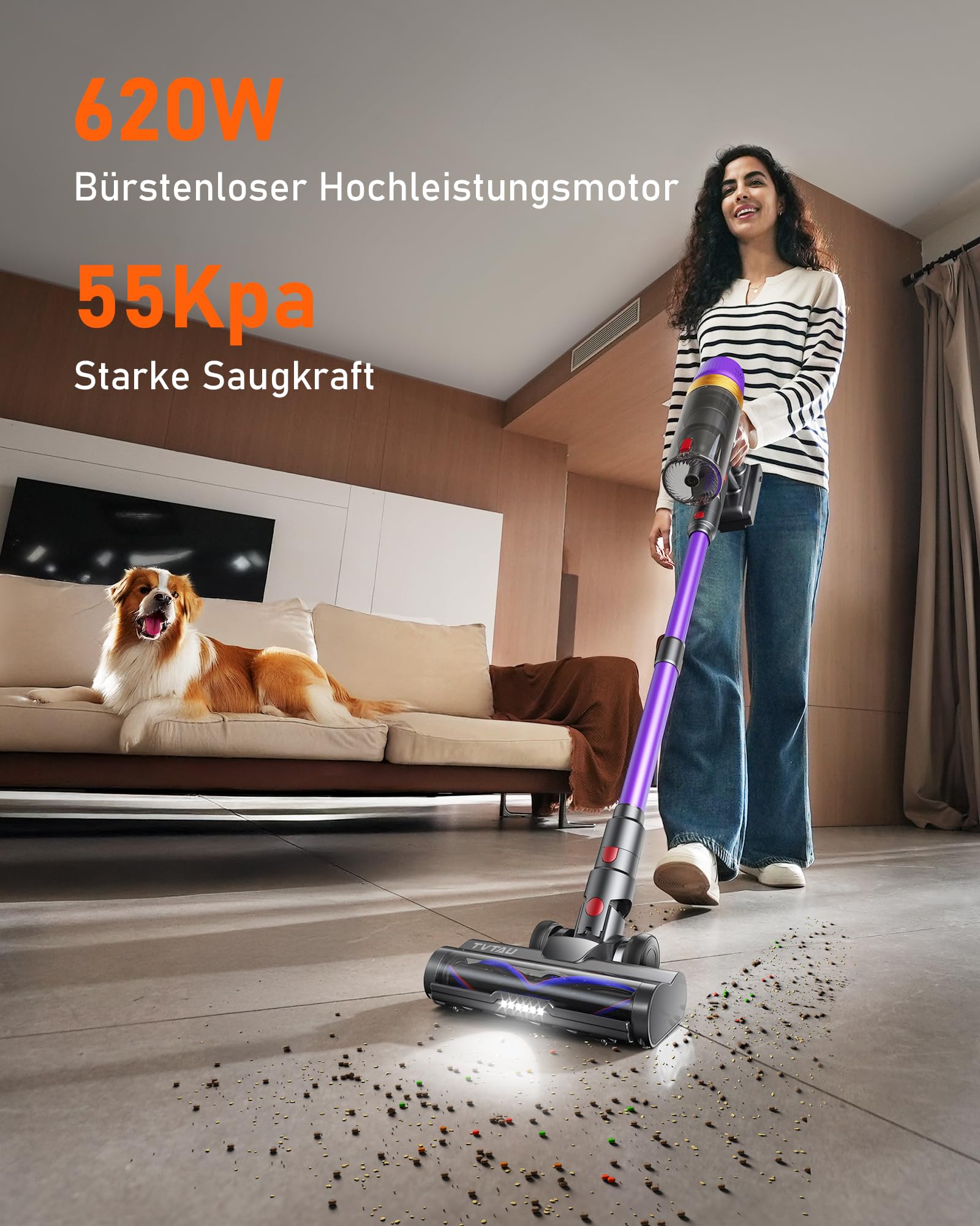 Akku Staubsauger Kabellos Testsieger, 55000Pa/75Min/1,8L beutellos, selbststehender Stiel-/Stabstaubsauger mit Anti-Tangle & Ladestation – stark für Tierhaare/Teppich/Hartboden/Auto (Violett)