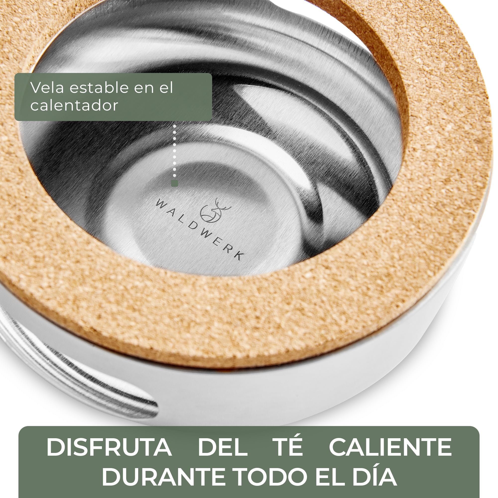 WALDWERK Tetera con Calentador (1,1 L) – con filtro de acero inoxidable 304 – asas de madera de roble – 100% antigoteo – Tetera con colador extraíble