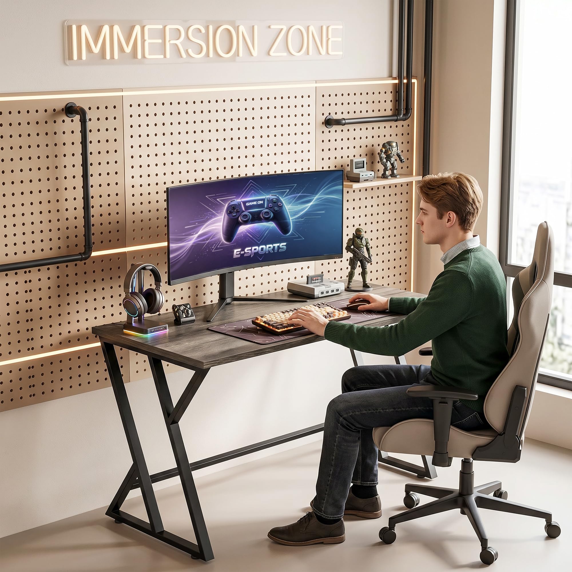 HOMCOM Scrivania per computer con base metallica a Z 120x60cm grigia | Scrivania da ufficio, aspetto legno, design industriale, per ufficio, studio, camera da letto, spazi piccoli