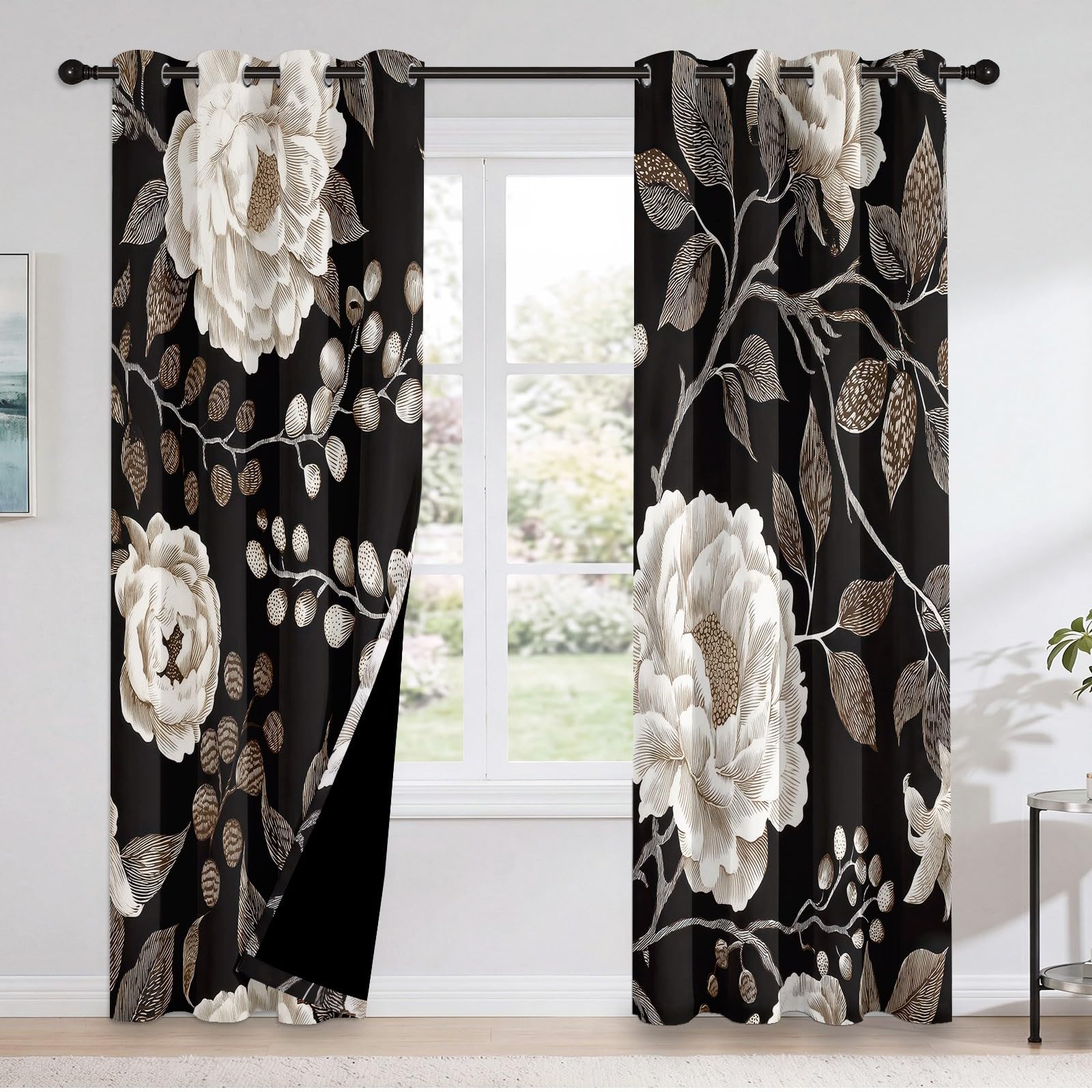 Rideau occultant à Motif de Pivoine Botanique Victorienne, Plante Rideaux œillets Isolation Thermique Traitements fenêtre à œillets pour Chambre À Coucher, 140L X 260H cm (2 Panneaux), Noir
