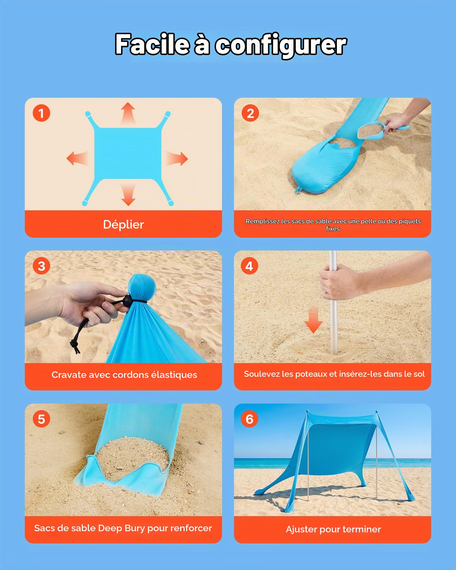 VEVOR Tente de Plage de 3,4x3,4x2 m, Abri Soleil UPF50+, Pare-Soleil Extérieur pour Plage Parc Camping et Pêche, Auvent Protection UV avec Sacs de Sable, Poteaux de Soutien et Pelles à Sable, Bleu