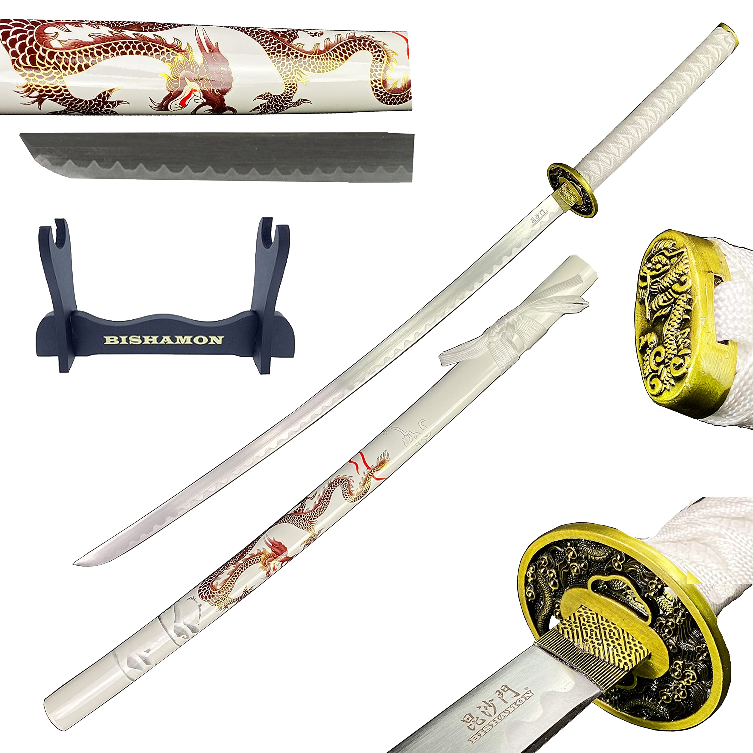 Bishamon 42 1/2" Samurai Sword Carbon Blade Dragon Scabbard Comes with a Wooden Stand