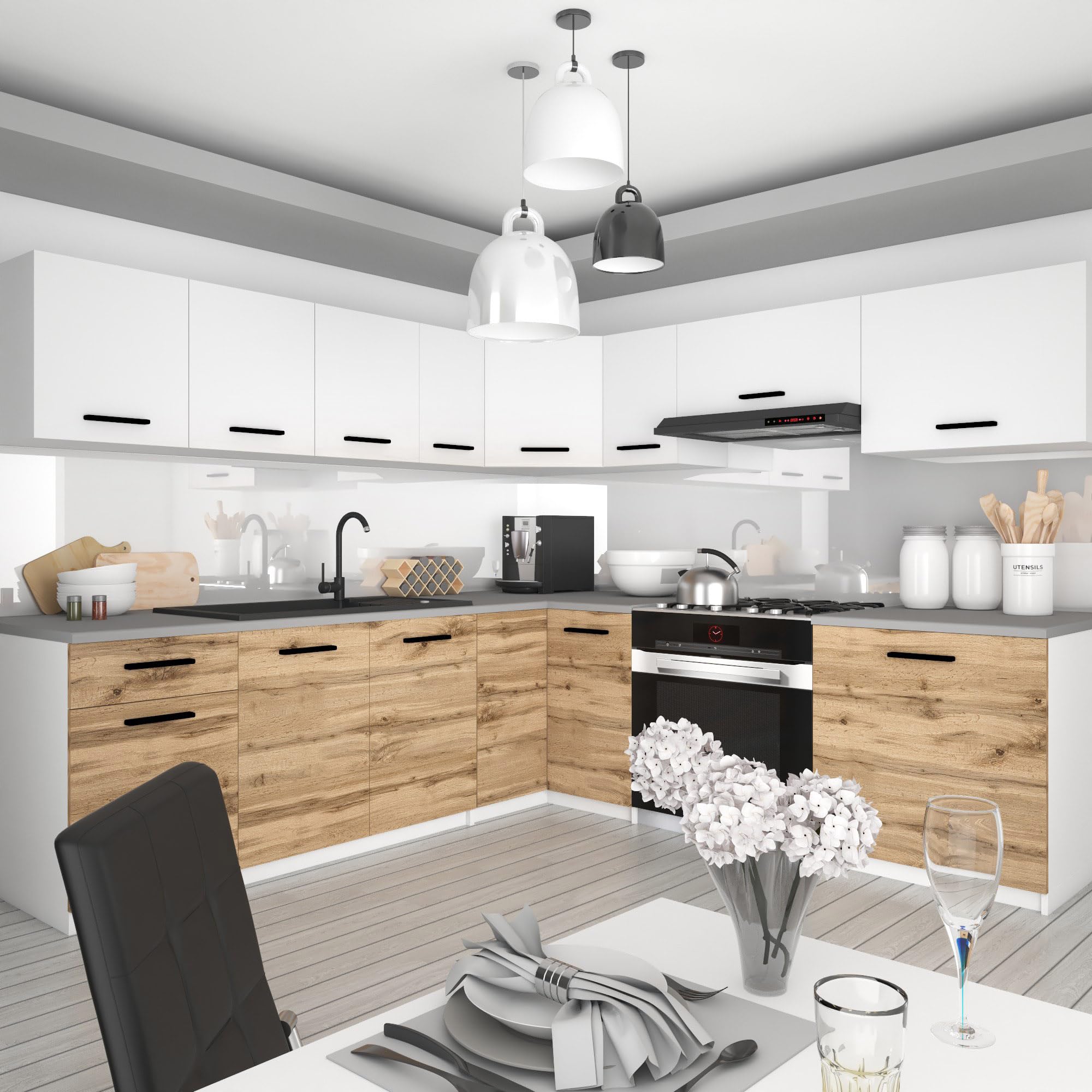 Belini Italia 7 Narożna szafka kuchenna 420 cm biało-brązowy złoty matowy | Narożna szafka kuchenna, białe skrzynki, ECONATURA DECOR odporna na zarysowania, bez sprzętu AGD, z blatem roboczym