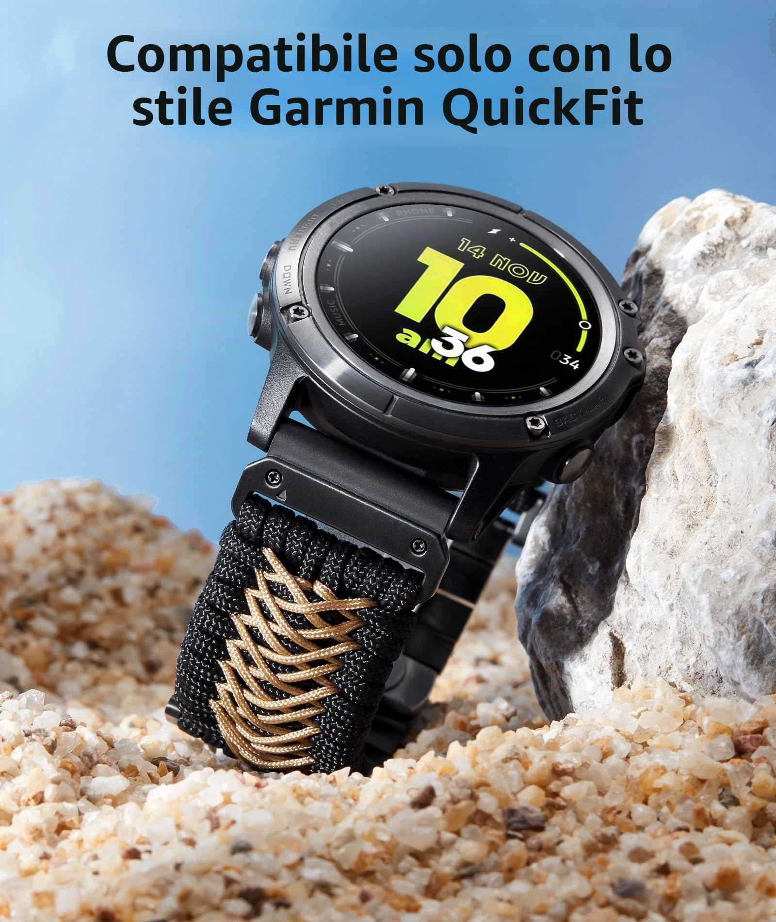 BINLUN Compatibile con Garmin Cinturino 22mm 26mm Paracord 550 Intrecciato Acciaio Cinturini per Orologio Nero Kaki Compatibile con Quickfit Compatibile con Fenix ​​Compatibile con Forerunner