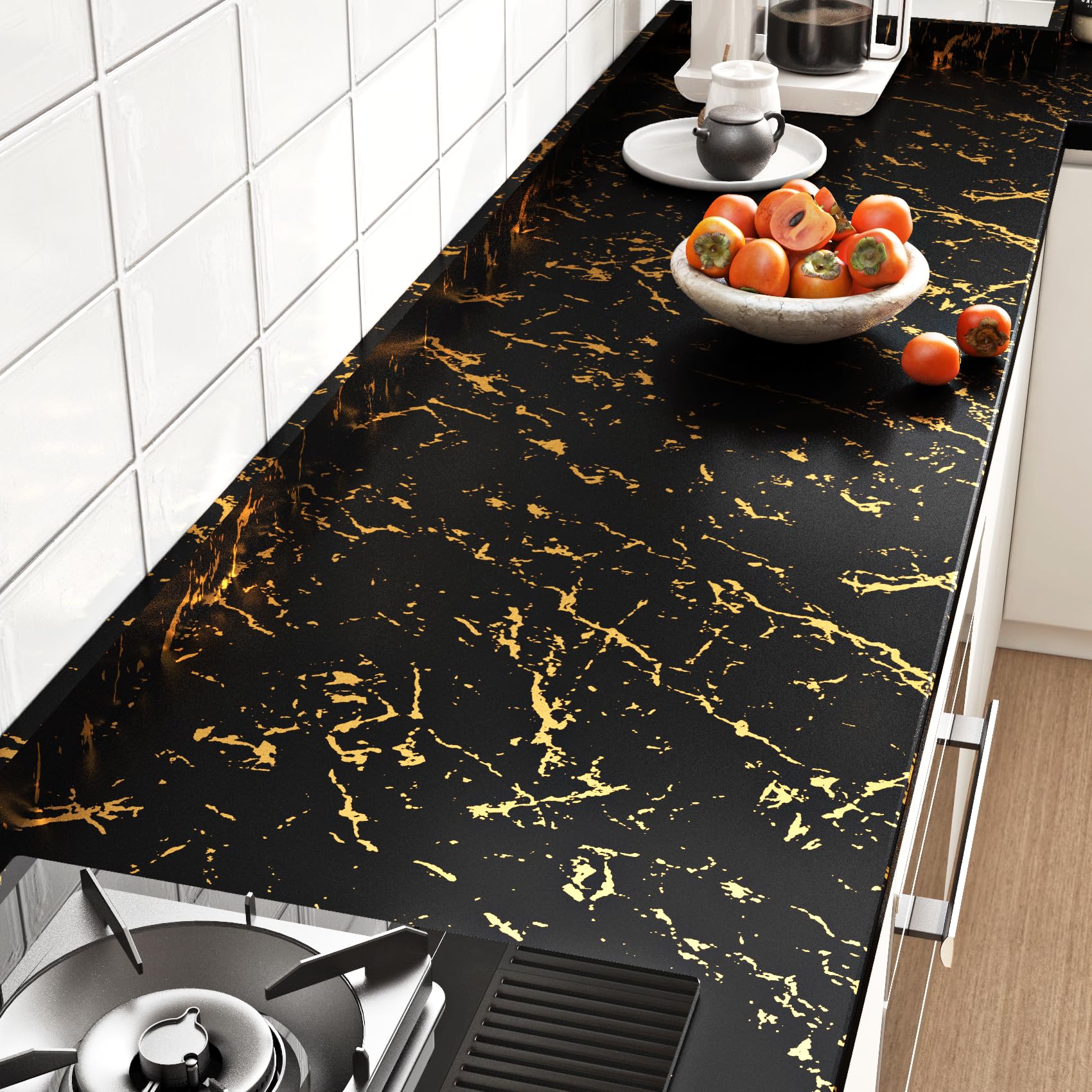 FunStick 60CMx5M Papel Pintado Pared Marmol Vinilo Adhesivo Negro y Dorado Vinilo Marmol Autoadhesivo Muebles Papel Adhesivo Encimera Cocina Vinilos Autoadhesivos Pared Cocina Baño Negro y Dorado