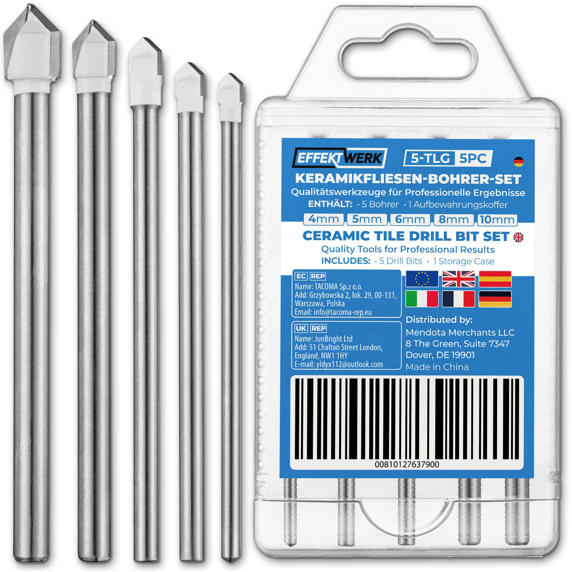 EffektWerk - 5 pc Ceramic Tile Drill Bit Set - 4/5/6/8/10mm - Tungsten Carbide Tipped for Ceramic, Soft Concrete, Brick, Tile & Porcelain - Multifunctional w/ Round Shank for Cordless Driils