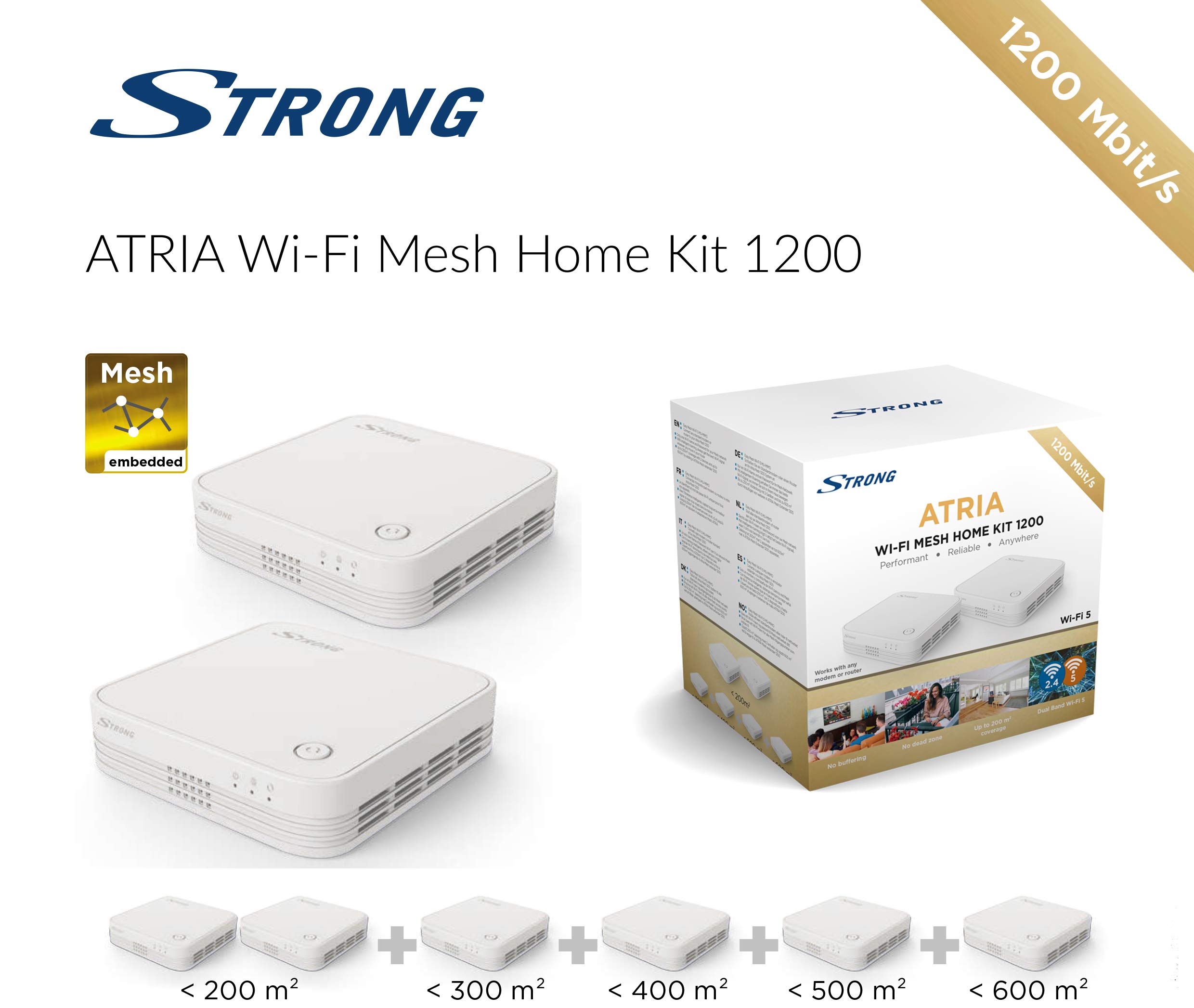 STRONG Wi-Fi Mesh Home Kit 1200, amplificatore WLAN, ripetitore di rete domestica fino a 200 m², copertura fino a 1200 Mbit/s, 2,4 + 5 GHz, 3 Gigabit LAN, nero MESHKIT1200 ATRIA