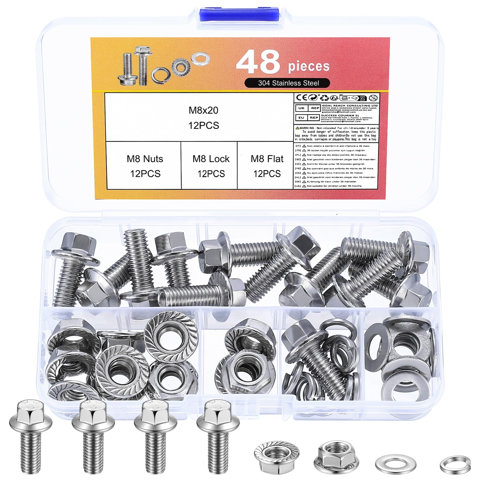Kit 240 Bulloni E Dadi Flangiati M5 M6 M8 - Acciaio Inox 304, 14 Misure, Per Fai Da Te E Riparazioni