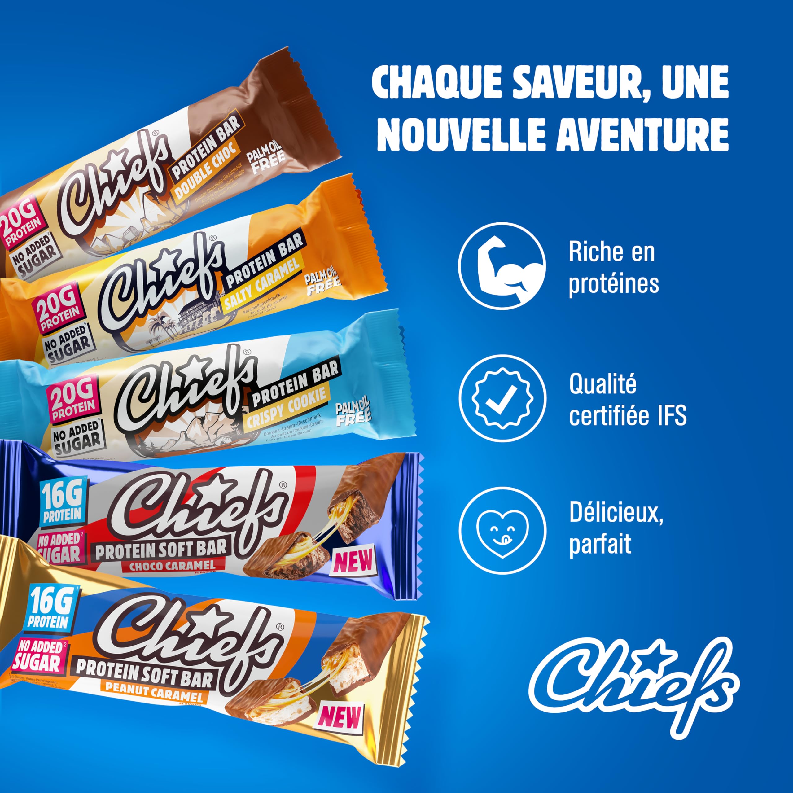 Chiefs Protein Bar (Double Choc) • Barre protéinée premium avec 20g de protéines & 201 kcal par barre • Sans sucre ajouté • Barre protéinée low sugar • Goût de chocolat • Pack de 12 (12 x 55g)